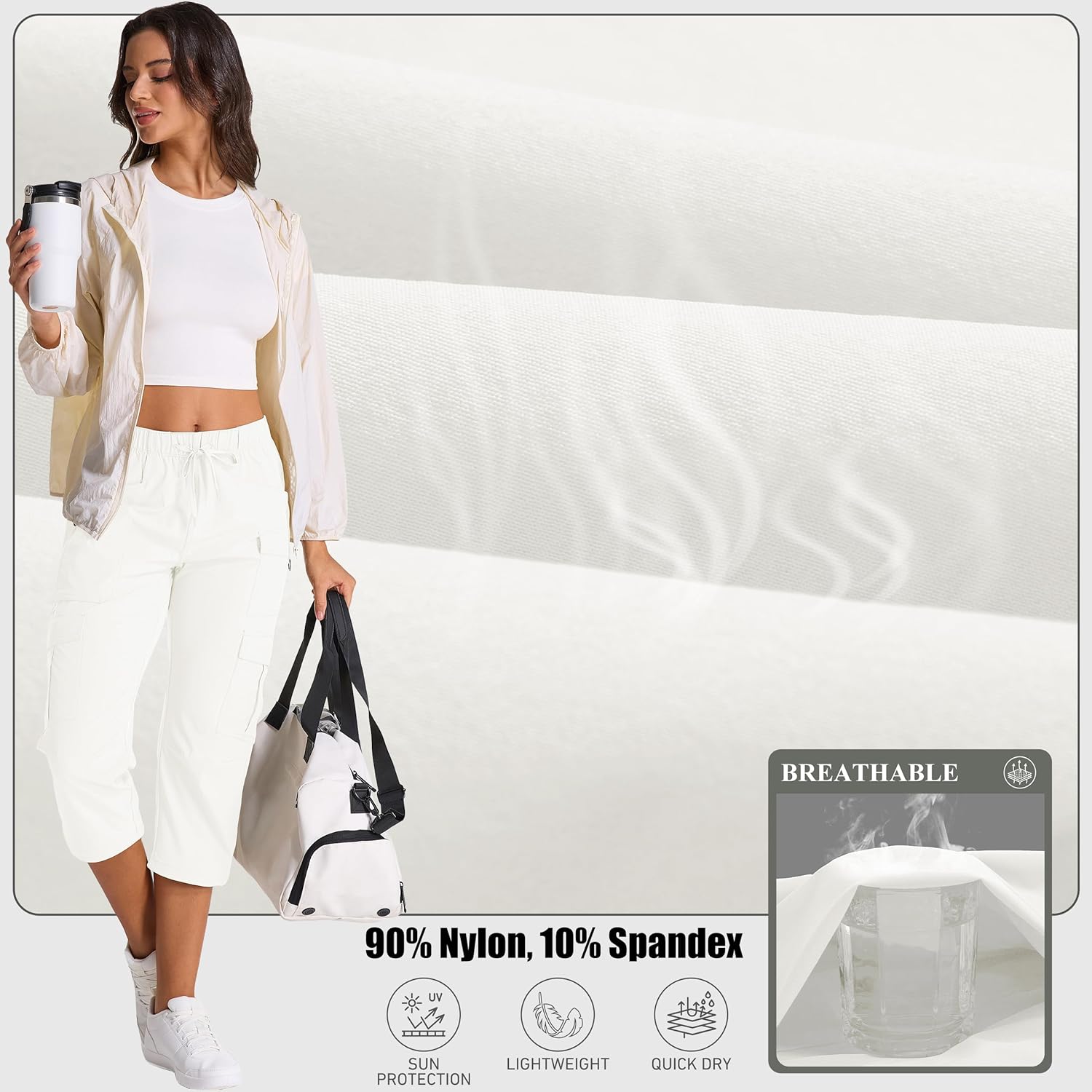 Womens Capris with Pockets Stretch Shorts Hiking Cargo Quick Dry Elastic Waist Long Shorts - Image 5