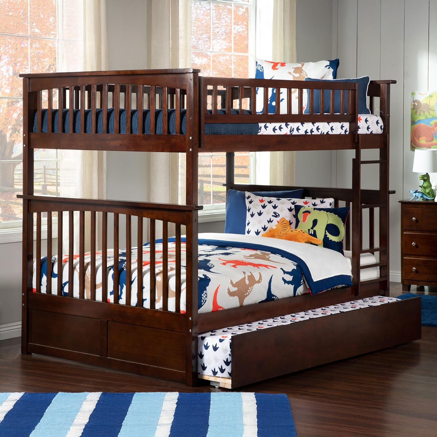 AFI, Columbia Ladder Bunk Bed Full Over Full with Twin Trundle and Attachable USB Charger, Walnut