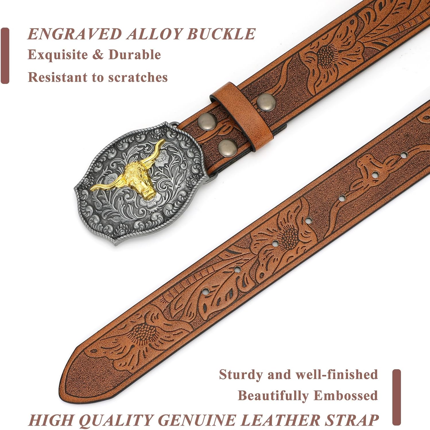 VONMELLI Western Belt for Men Women, Embossed Leather with Bull Buckle - Image 3