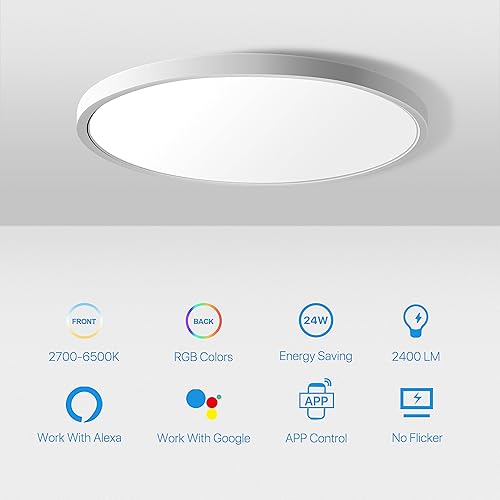Miniatura 2 de MELEGAN 2 luces de techo inteligentes RGB, techo LED súper delgado, montaje empotrado, WiFi compatible con Alexa Google Home, 12 pulgadas, 24 W,