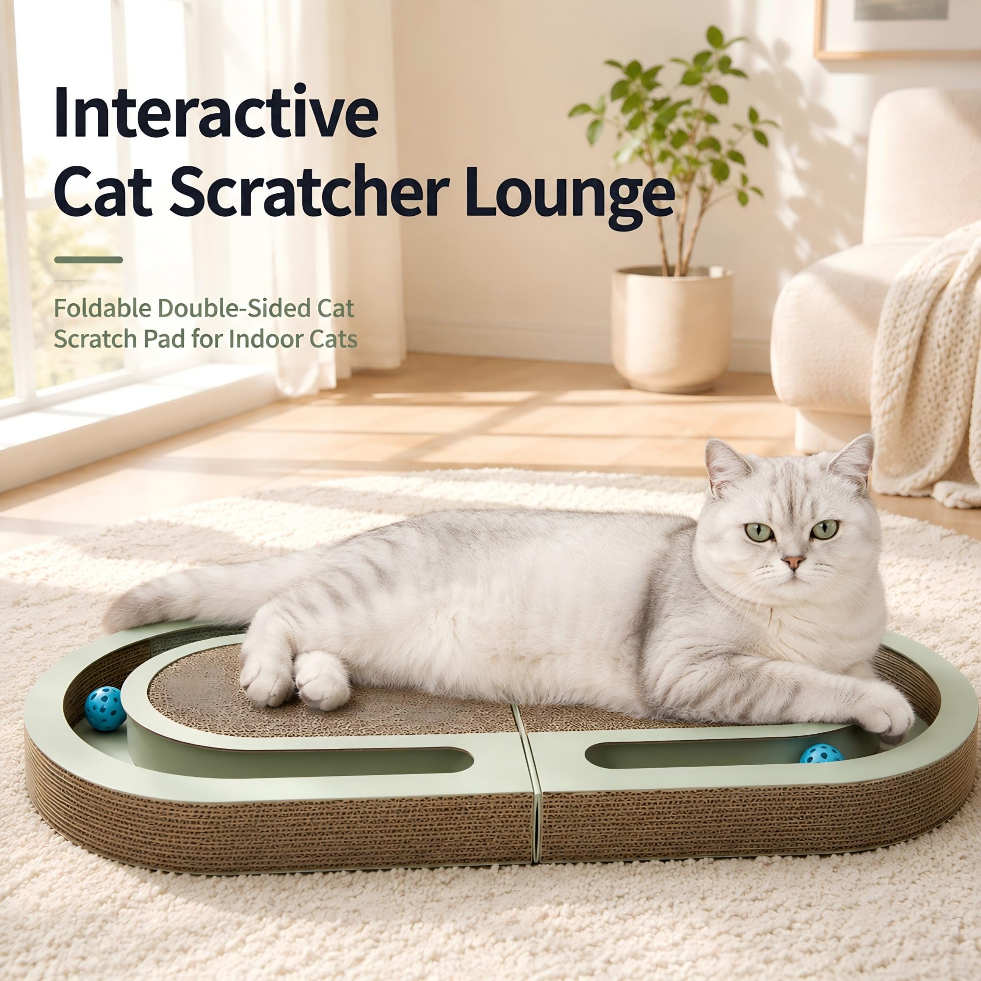 Almohadilla plegable para rascar para gatos con campanas de persecución, de doble cara, interactiva, duradera, rascadora para gatos, cartón para rascar para gatos de interior (ovalado)