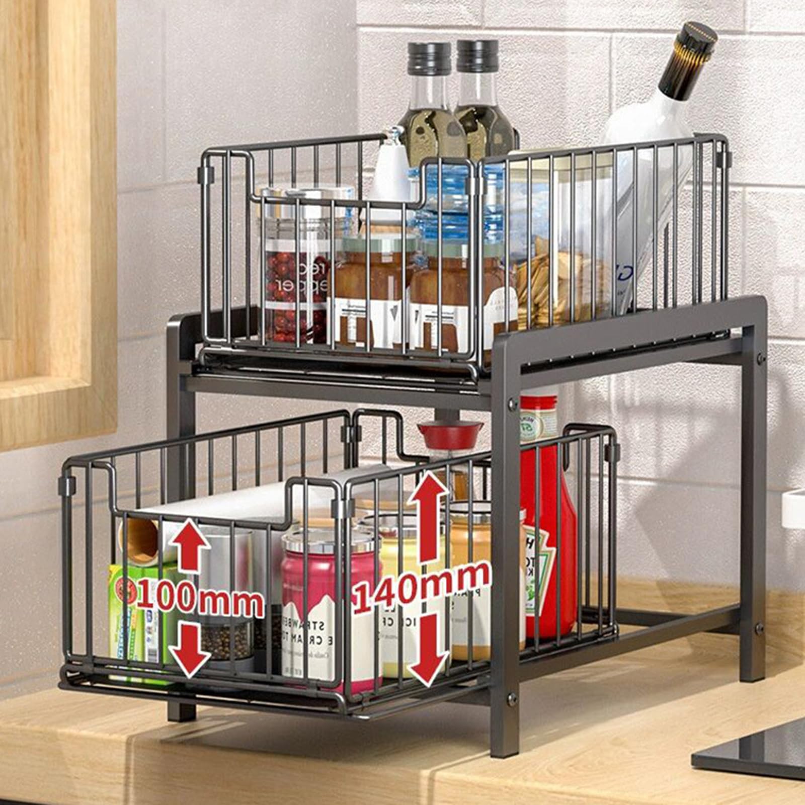 Zstar 2-poziomowy organizer pod szafkę pod umywalkę, stal węglowa, organizer kuchenny z 2 szufladami, szafka pod zlewozmywak, wysuwany regał na przyprawy, 26 szer. x 37 gł. x 38,5 wys. cm