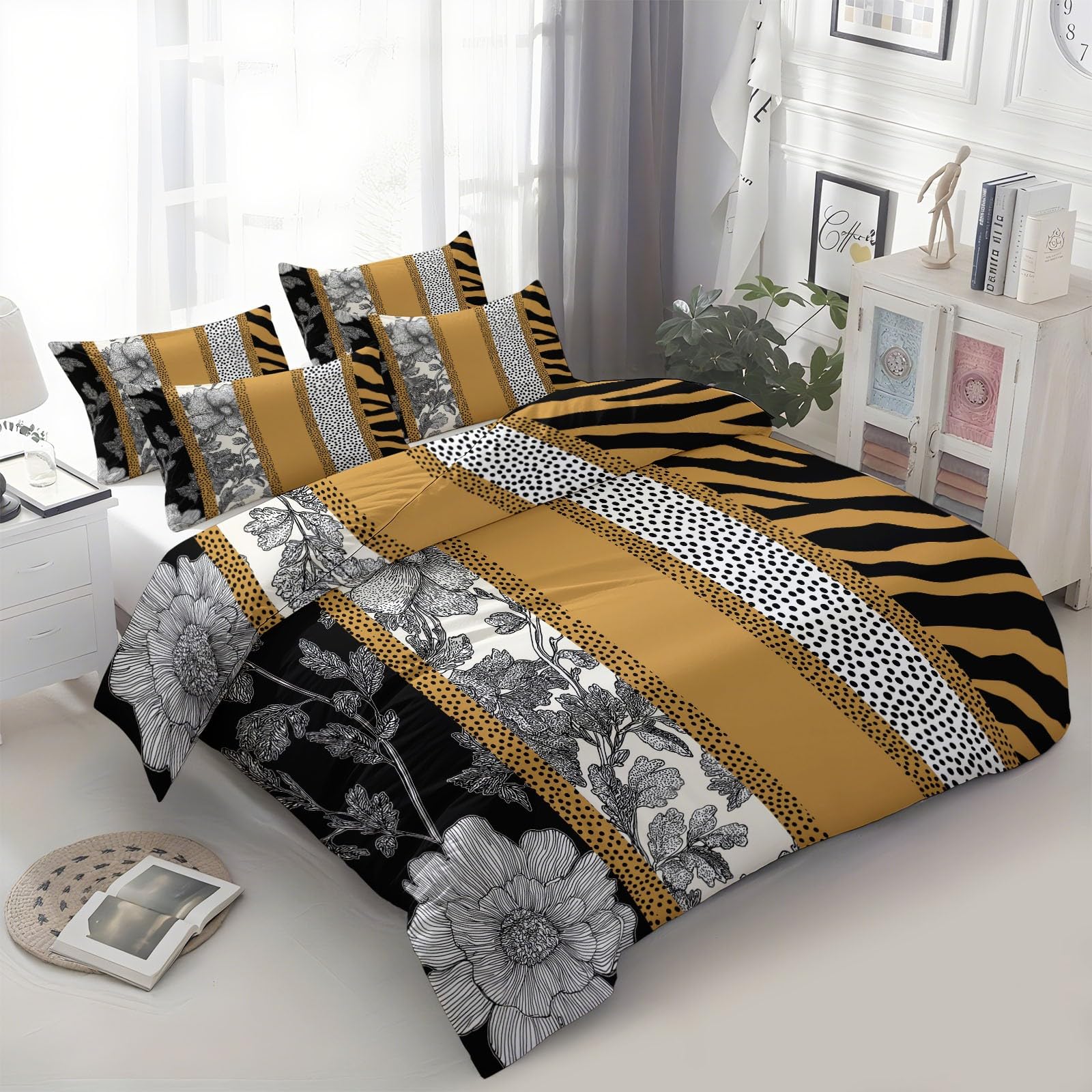 Zestaw pościeli w stylu vintage, 200 x 200 cm, dla chłopców i dziewczynek, w kwiaty, w kropki, miękkie, dwustronne, 3-częściowe poszewki na kołdrę z 2 poszewkami na poduszki, zestawy podwójnych łóżek