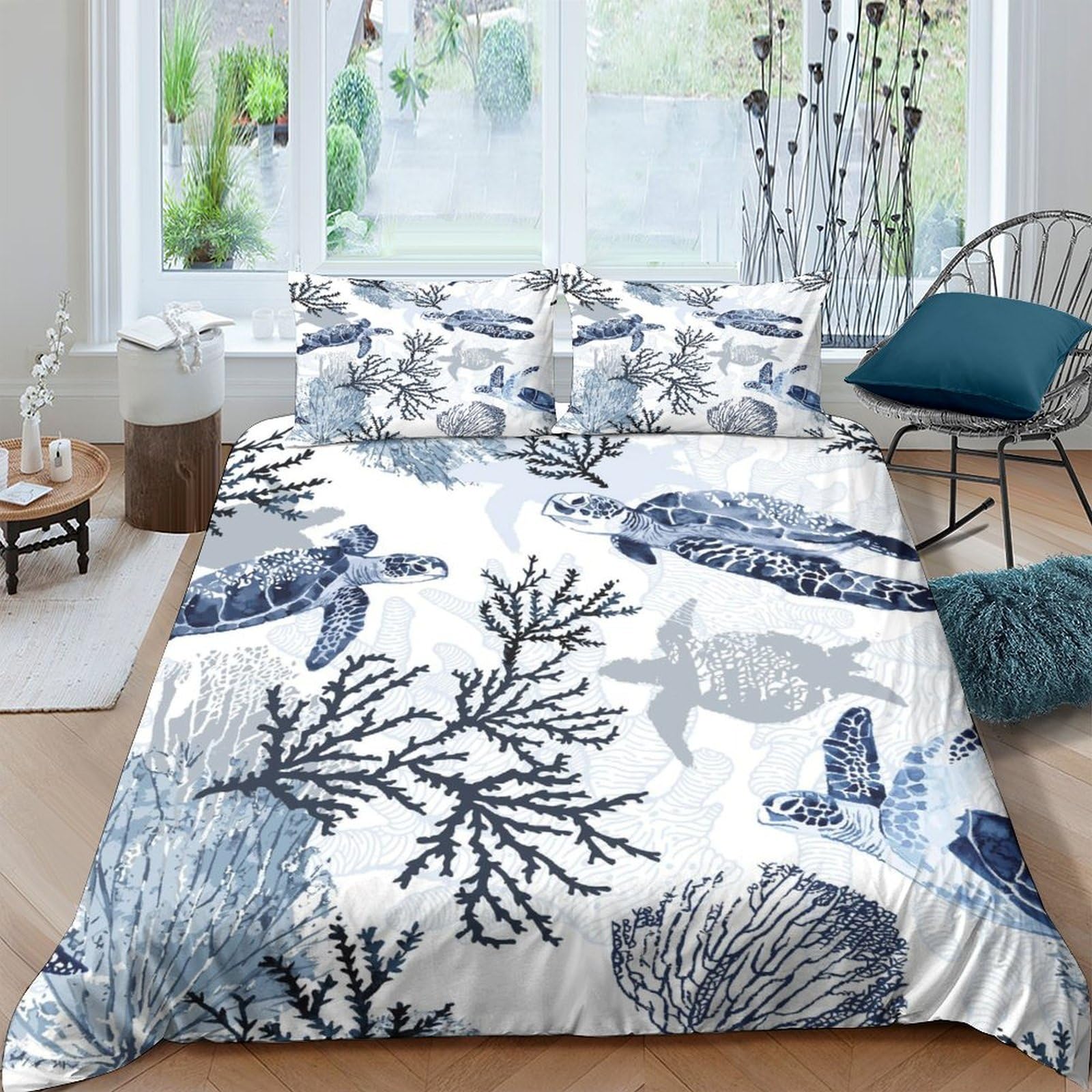Ctjqhvkz Style-10 3D Printed Ocean Coral Fitted Sheet Microfiber Soft Blue Sea Turtle Mattress Cover For Bedroom Guest Room Decor Single（135X200cm）