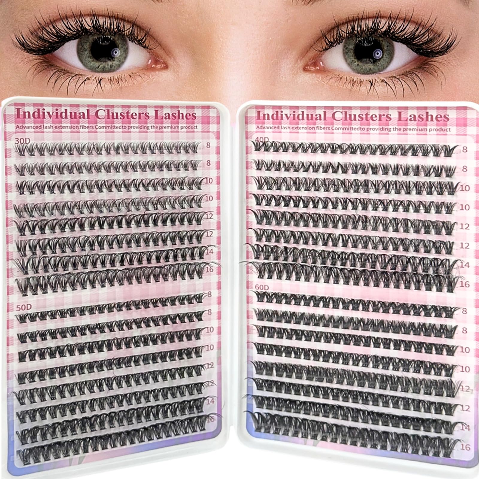LUFFLOK Wimpern Cluster 640 Pcs, 30D+40D+50D+60D Lash Extension Set, Wimpernverlängerung 8-16mm D Curl DIY Cluster Wimpern Extensions Mega Volumen Wiederverwendbare Einzelne Fake Lashes