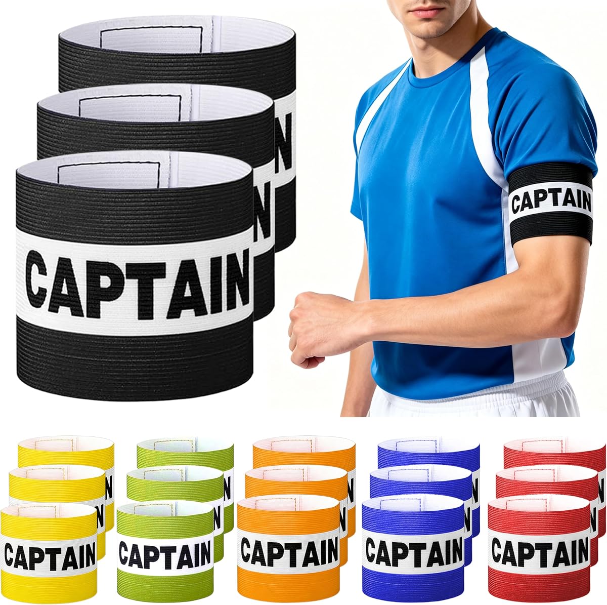 Paquete de 18 brazaletes de capitán para fútbol, ​​fútbol americano y rugby, bandas de capitán ajustables con gancho y bucle, 6 colores (3 cada uno), árbitro visible, lavable, se adapta a adolescentes y adultos mayores, bíceps de 10 a 12 pulgadas