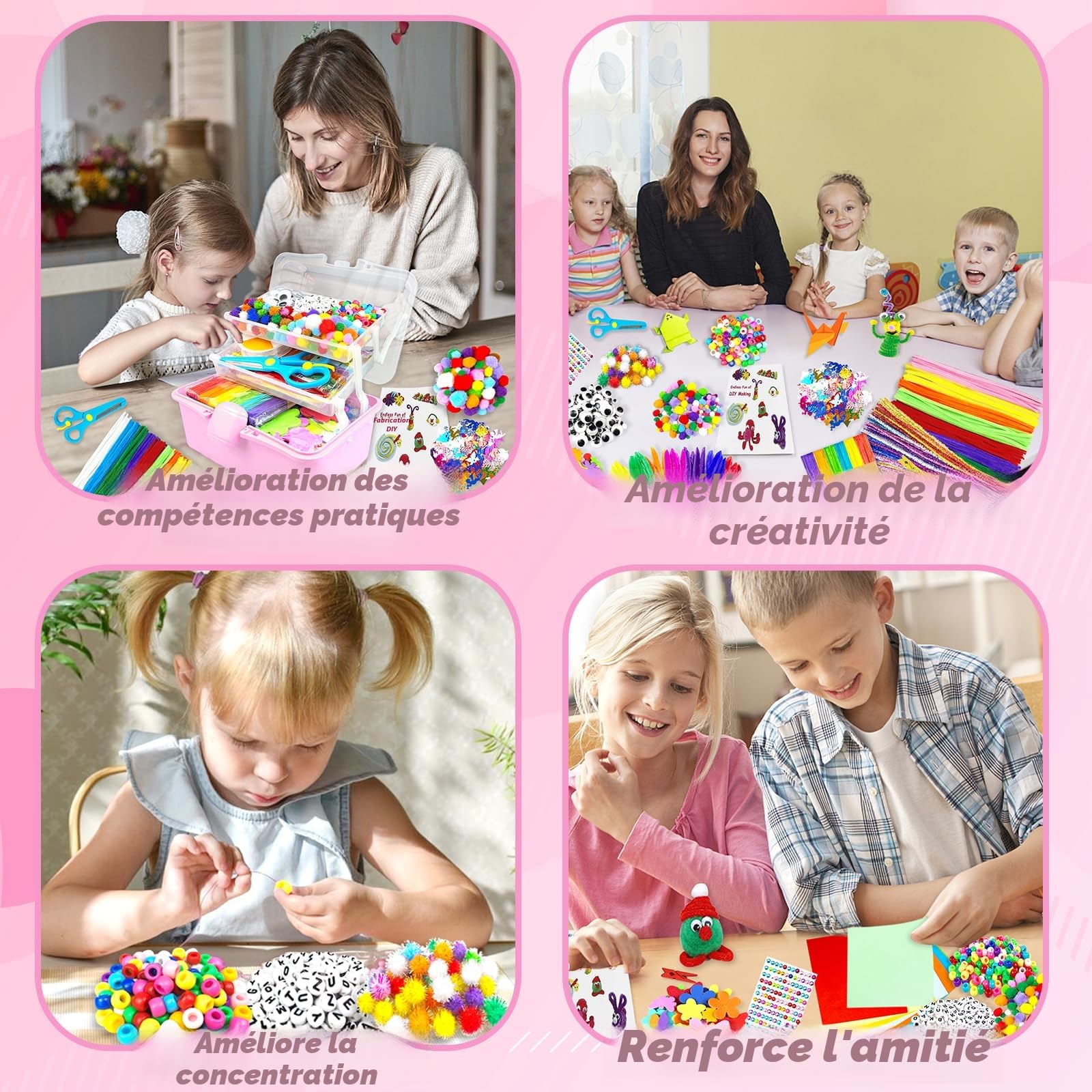 3000 Activites Manuelles pour Enfants Kit Bricolage Enfant Boîte bricolage Pipe Cleaners pour Enfants de 4-6 6-8 8-12 ans Activite Enfant Ensemble de Matériel Jouet Cadeau pour Filles Garçons, Rose