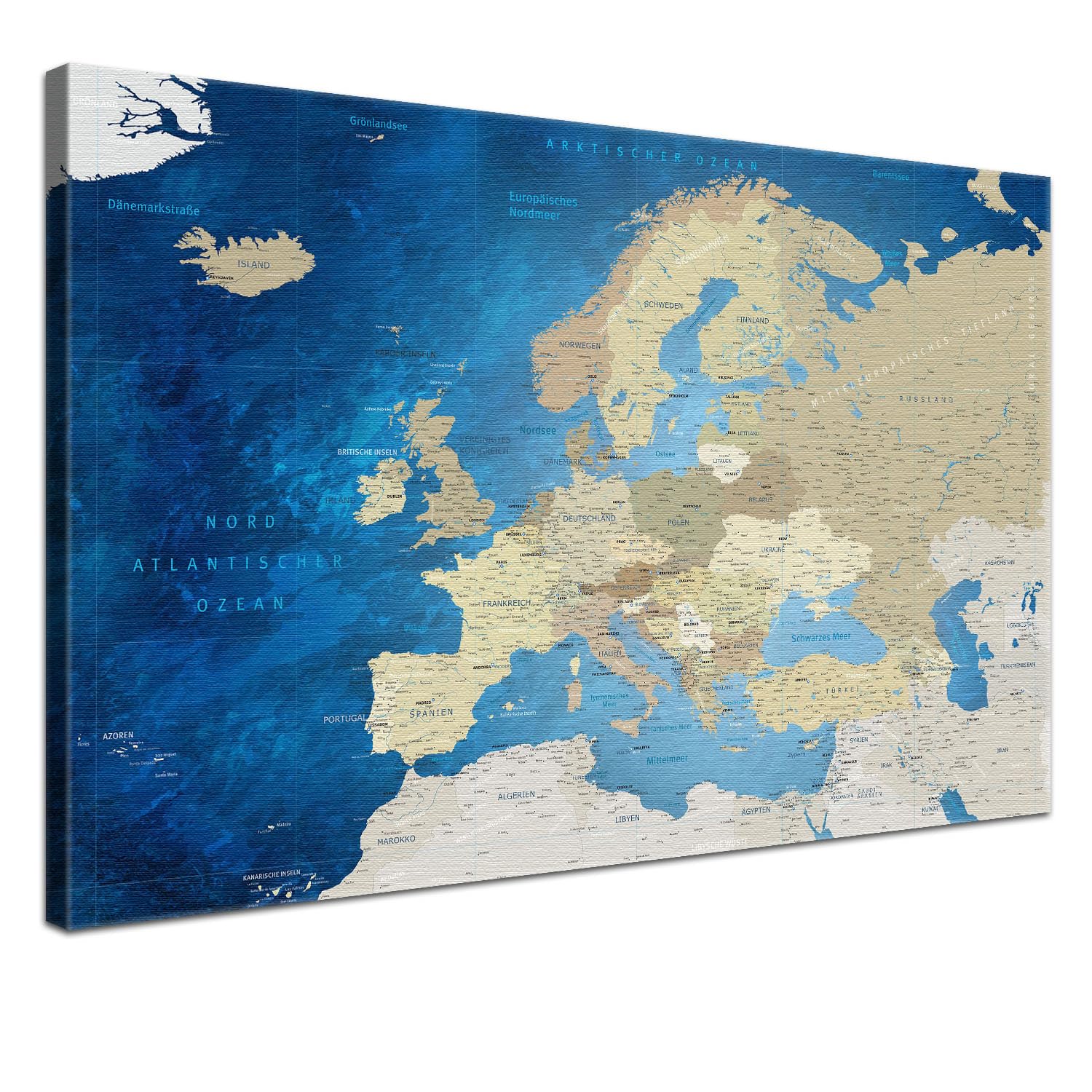 LANA KK - Premium Pinnwand Europakarte - Meerestiefe - Deutsch - in 80 x 60 cm, stabile Rückwand zum Pinnen inkl. Starterkit - Leinwand-Kunstdruck Wandbild Landkarte XXL