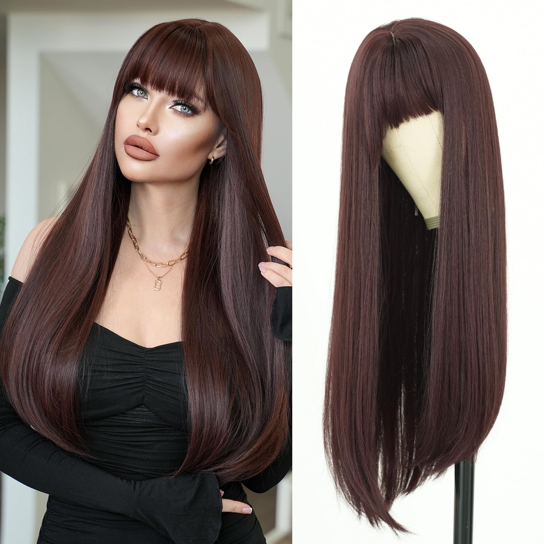 7JHH WIGS Long Straight Reddish Brown Wig with Bangs 28in Cooper Natural Heat Resistant Fiber Synthetic Layered Straight Red Brown Wigs for Women