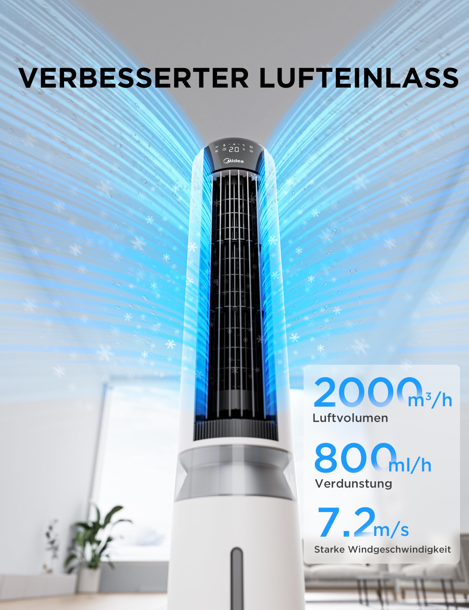 Midea MCF23XRB(WH) Luftkühler, Klimaanlage mobil, 2000m³/h Luftstrom, Sensicool Smart Temp, Ionis... Ansicht 2
