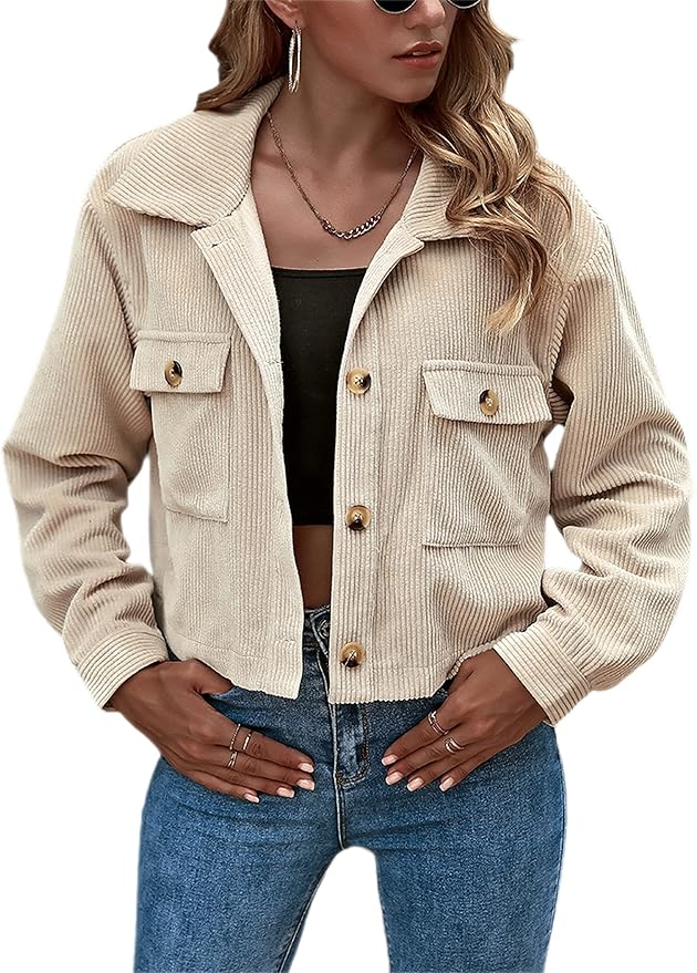 Zhiyouni Women's Cute Cropped Corduroy Jackets Casual Oversized Shirts ...