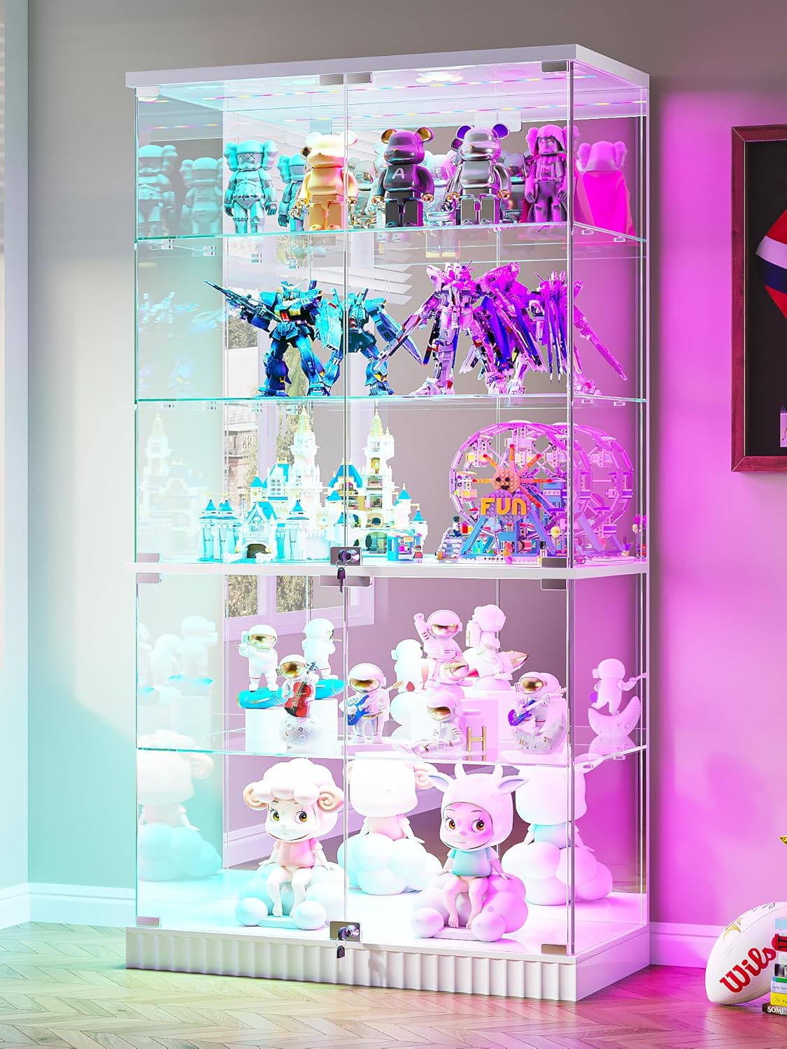 Glass Display Cabinet with Human Body Sensing RGB Lights,5-Tiers Curio Cabinet Display Case with Lock, Frameless Tall Showcase Display Shelf for Collectibles, Living Room Bookcase Storage Cabinet