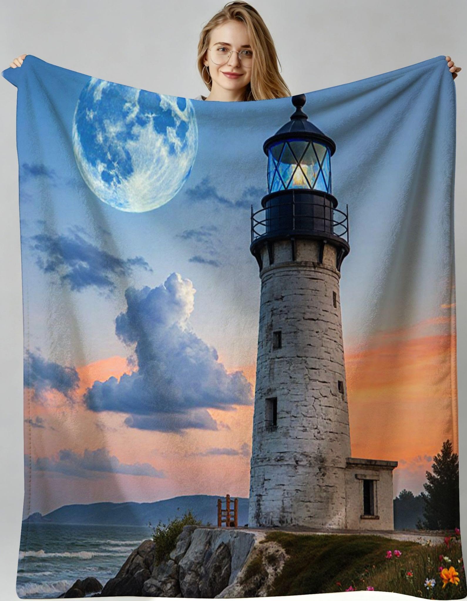 Couverture polaire 240x260 cm phare planète 3D pour lit et canapé