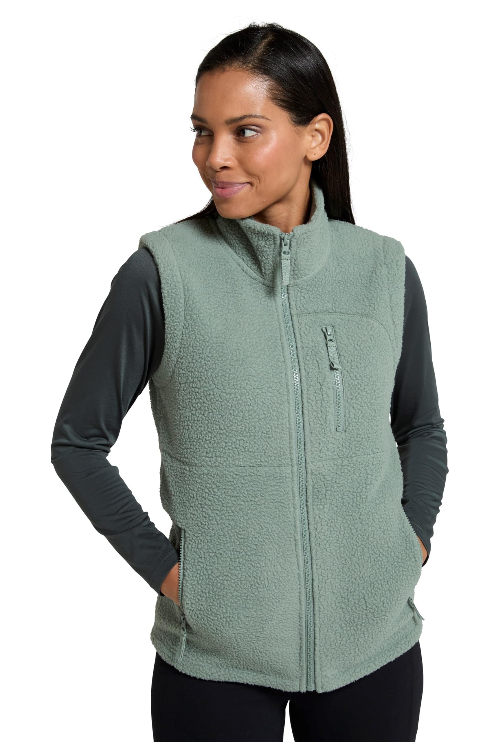 Mountain Warehouse Women's 'Buxton' Warm Cosy Full Central Zip Side Patch Pockets Borg Gilet in Khaki | Size: 16