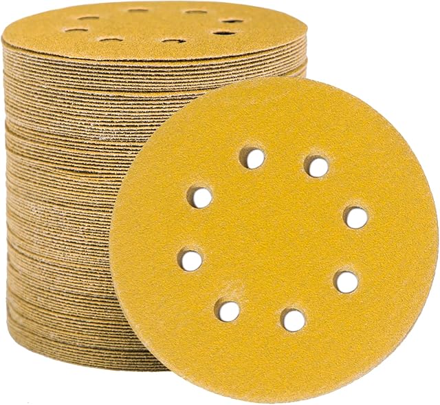 STEBRUAM 100pcs 125mm sanding discs, Sanding Discs Pads for Random Orbital Sander pads and All Oscillating Tools, yellow sanding discs 125mm Hook and Loop 120 Grit 8 Hole 5 Inch Round