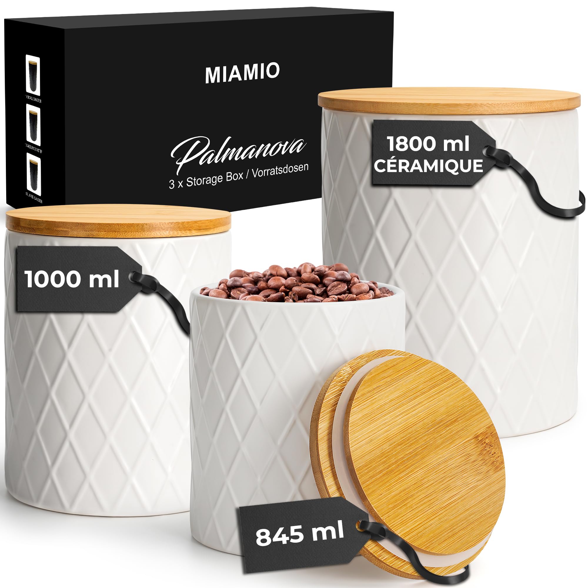 MIAMIO - Set 3 boîtes de conservation céramique - Palmanova (Blanc) | Boîtes en céramique avec couvercles en bois hermétiques pour café, thé, sucre, farine et sel