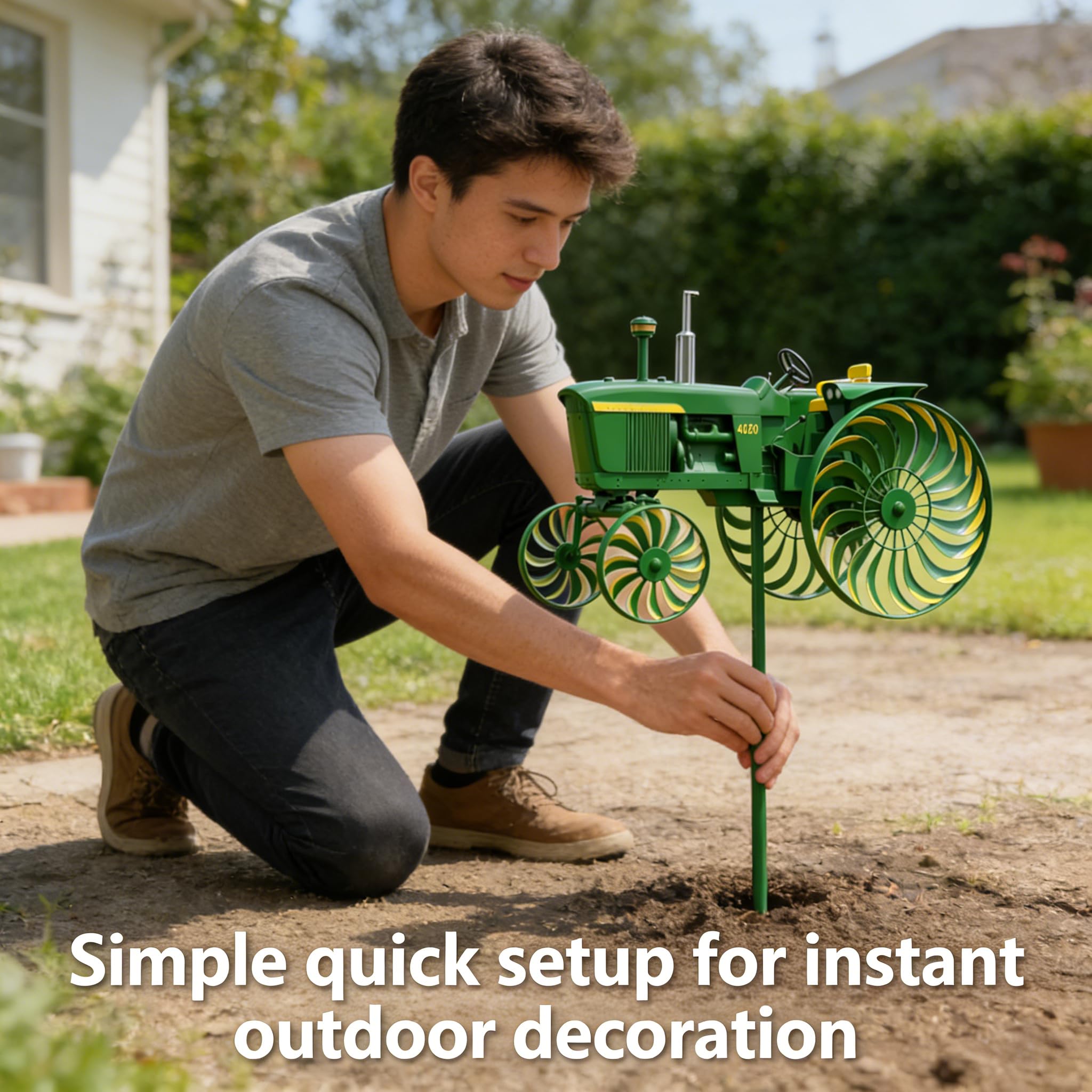 Garden Wind Spinner, Green Tractor Windmill Stake with Rotating Wheels, Outdoor Yard Sculpture Decor Ornament Gift for Friends Family (Green) — view 5