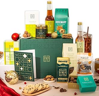 Merry Christmas Vegan Gift Hamper Basket, Luxury Gourmet Gifts for Women, Men, Couples, with Vegan Chocolate by EDEN & CO - Plus Non-Alcoholic Mocktail