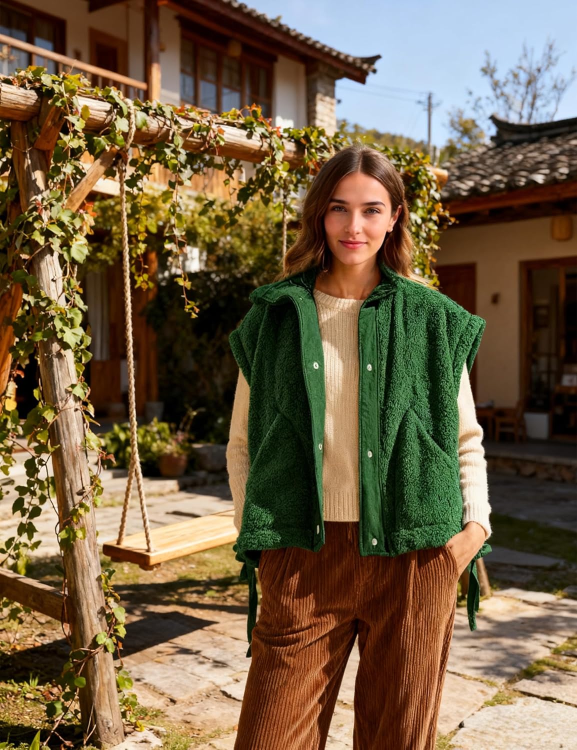 Women's Fuzzy Sherpa Fleece Vest Oversized Warm Button Down Sleeveless Outwear with Pockets - Image 5