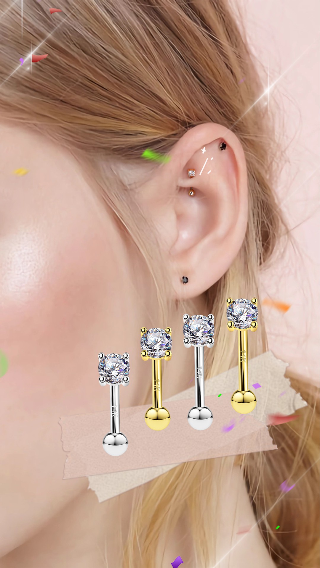 Agrewd Minimalist Rook Wenkbrauw Piercing Sieraden Goud Zilver 16G Navelknop Bar Roestvrij Staal 6mm/8mm Gebogen Barbell, 8mm, Zirkonia