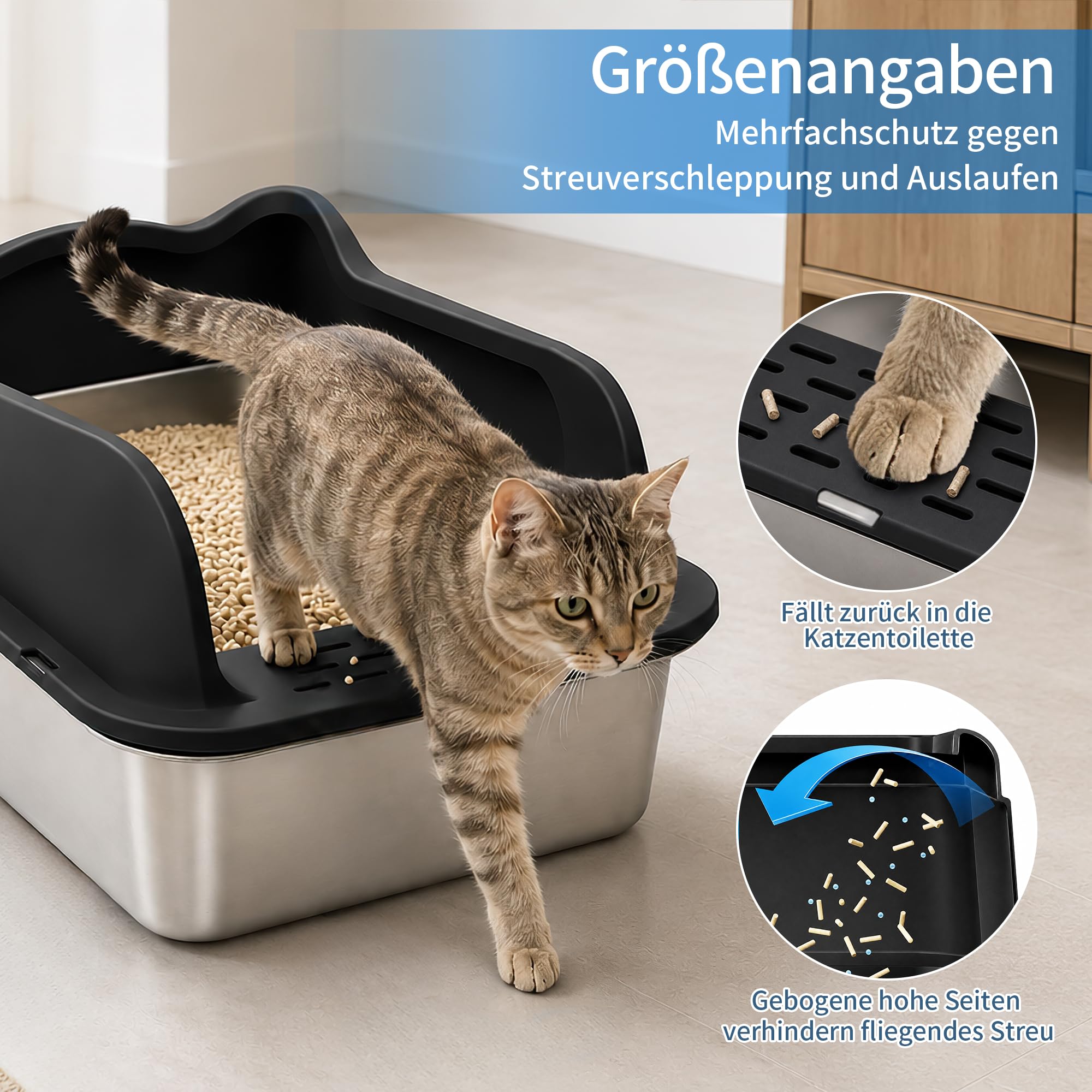 Katzenklo Edelstahl mit Abnehmbares Hoher Rand, Katzentoilette Edelstahl Offen Groß XXL Mit Hochwandigem Seitengehäuse, Metall Katzenklo, Nicht-Klebrig, Auslaufsicher & Einfach zu Re - 50 * 35 * 15cm