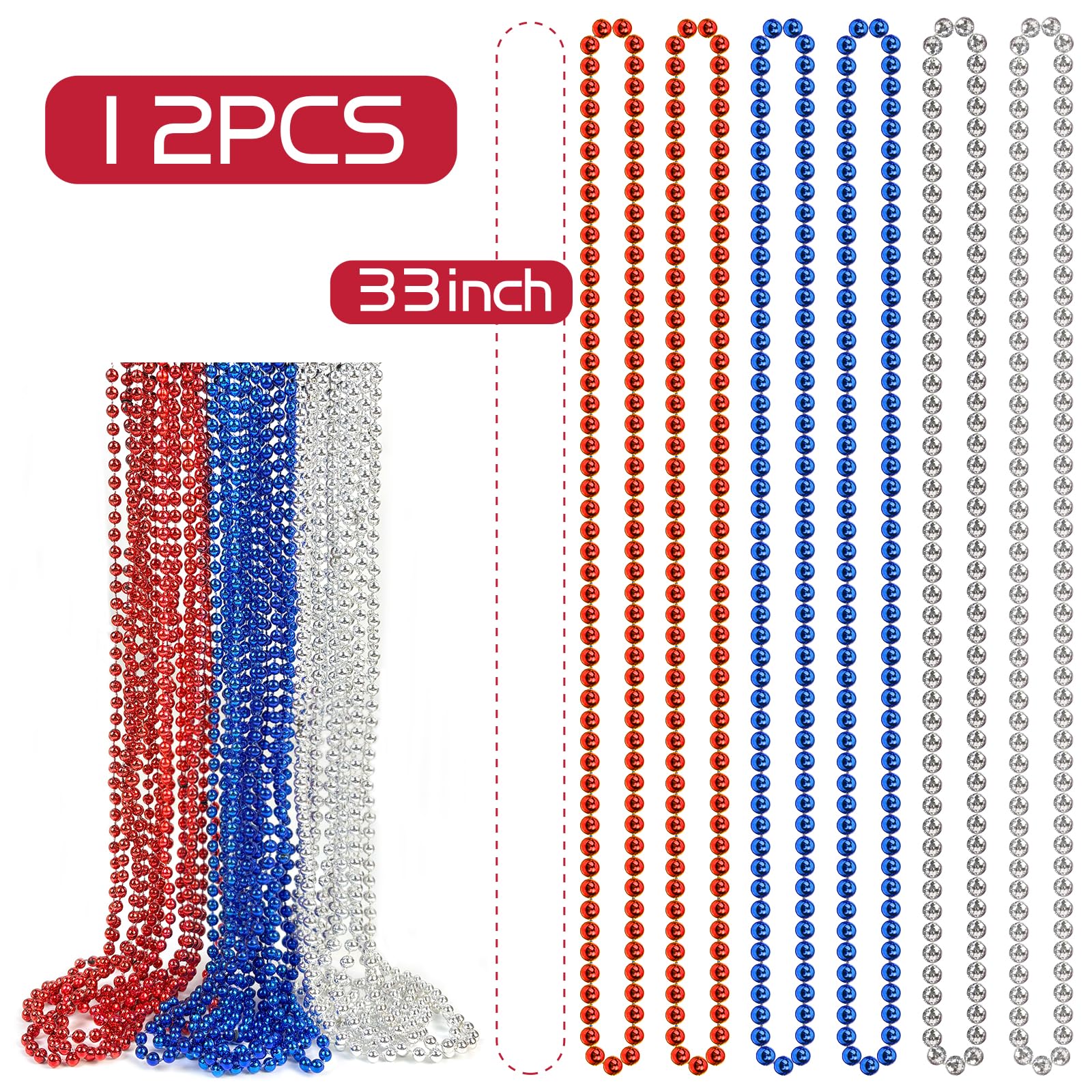 Red Blue Silver Beads Necklaces Patriots Day Metallic Bead for 4th of July Independence Day Party Decoration for Fourth of July Party, Memorial Day, Veterans Day Parade, Carnival Decorations or Favors