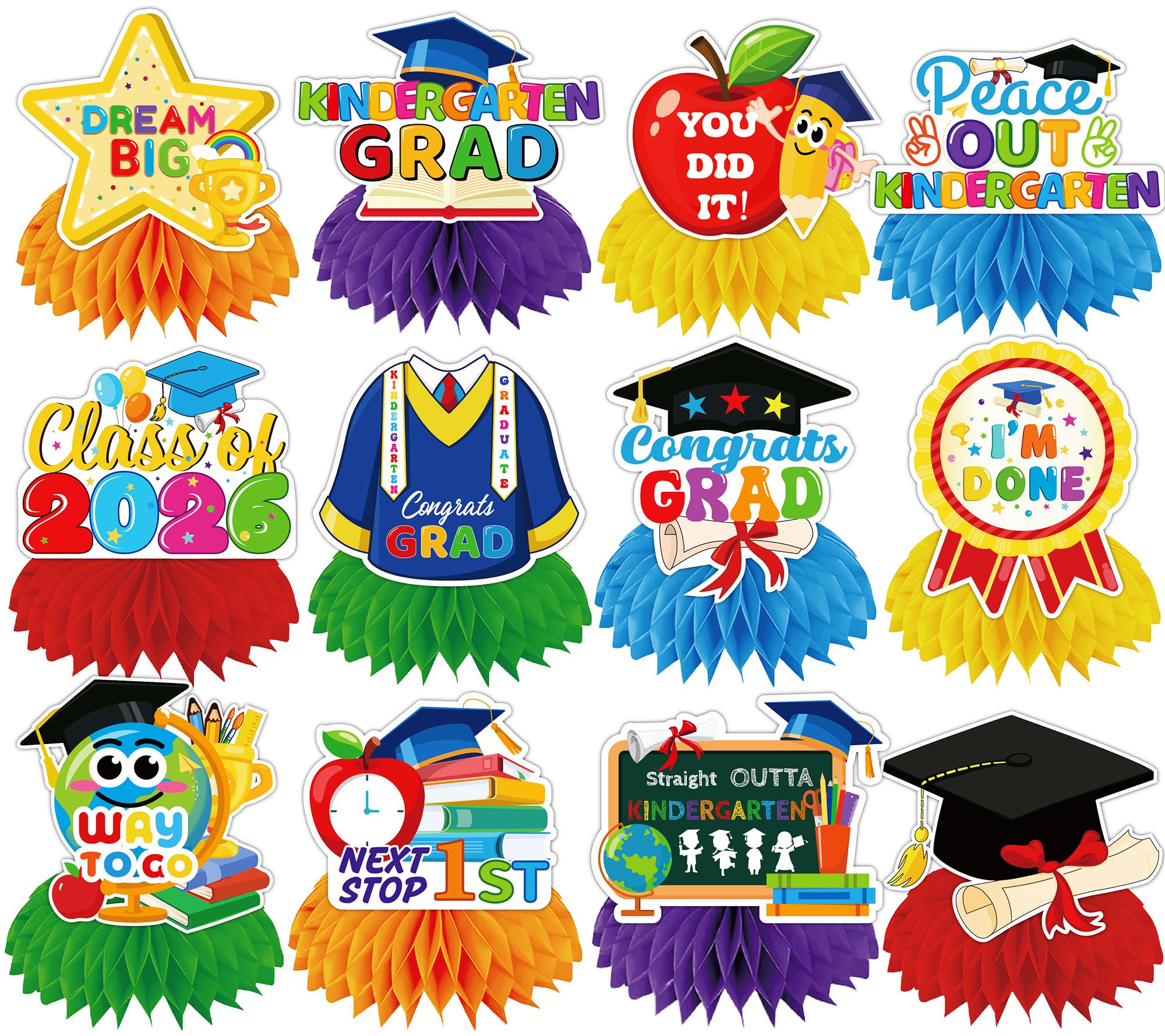 Photo 1 of 12Pcs Kindergarten Graduation Decorations, 3D Kindergarten Graduation Honeycomb Centerpieces, Class of 2026 Kinder Graduation Table Decorations, Congrats Grad Kindergarten Graduate Table Centerpiece