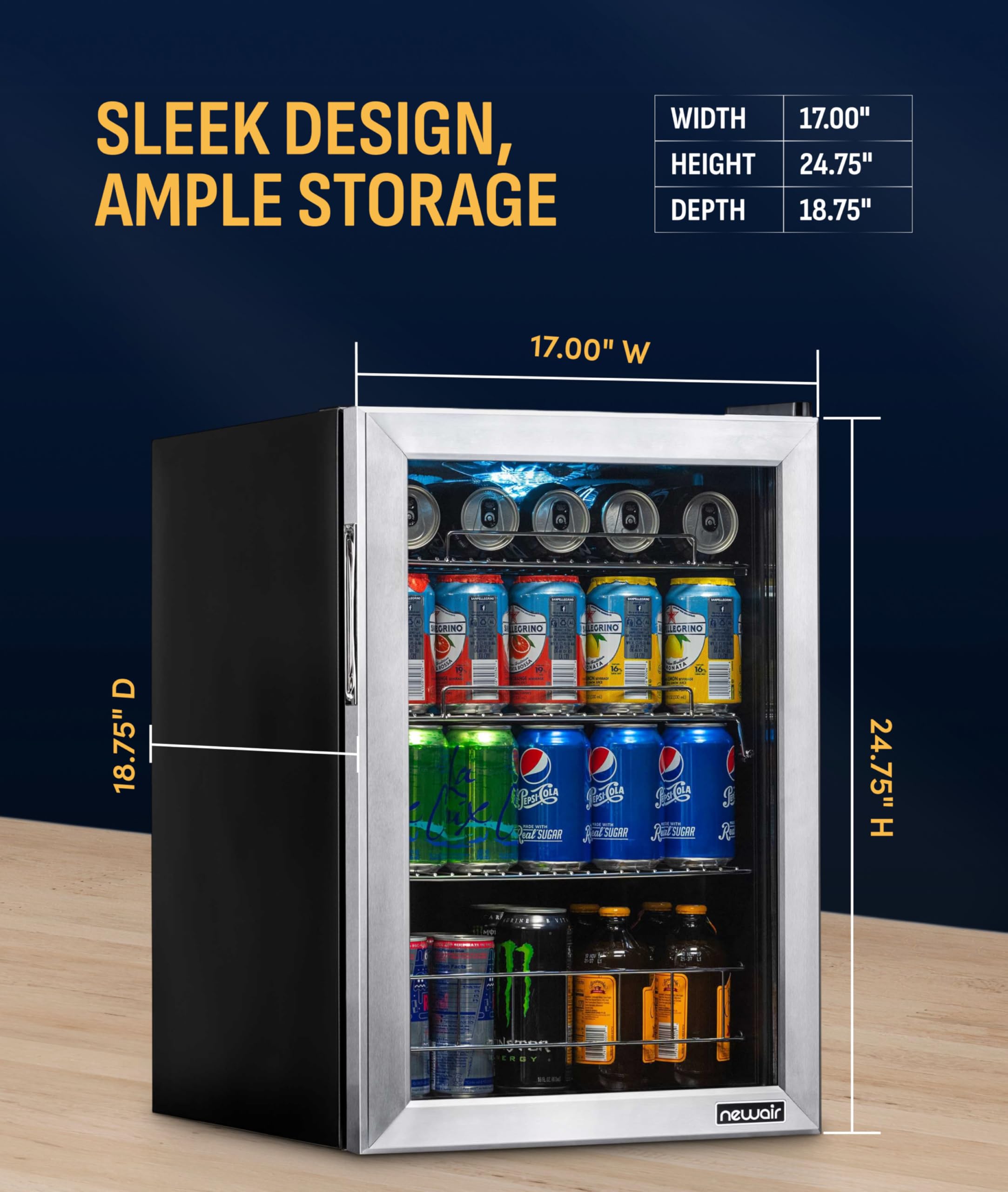NewAir 90 Can Beverage Refrigerator | 17” Freestanding Small Mini Fridge For Bedroom, Home Bar Or Office | Quiet Compressor Cooling & Adjustable Shelves | Stainless Steel on Fridge.com - View 5