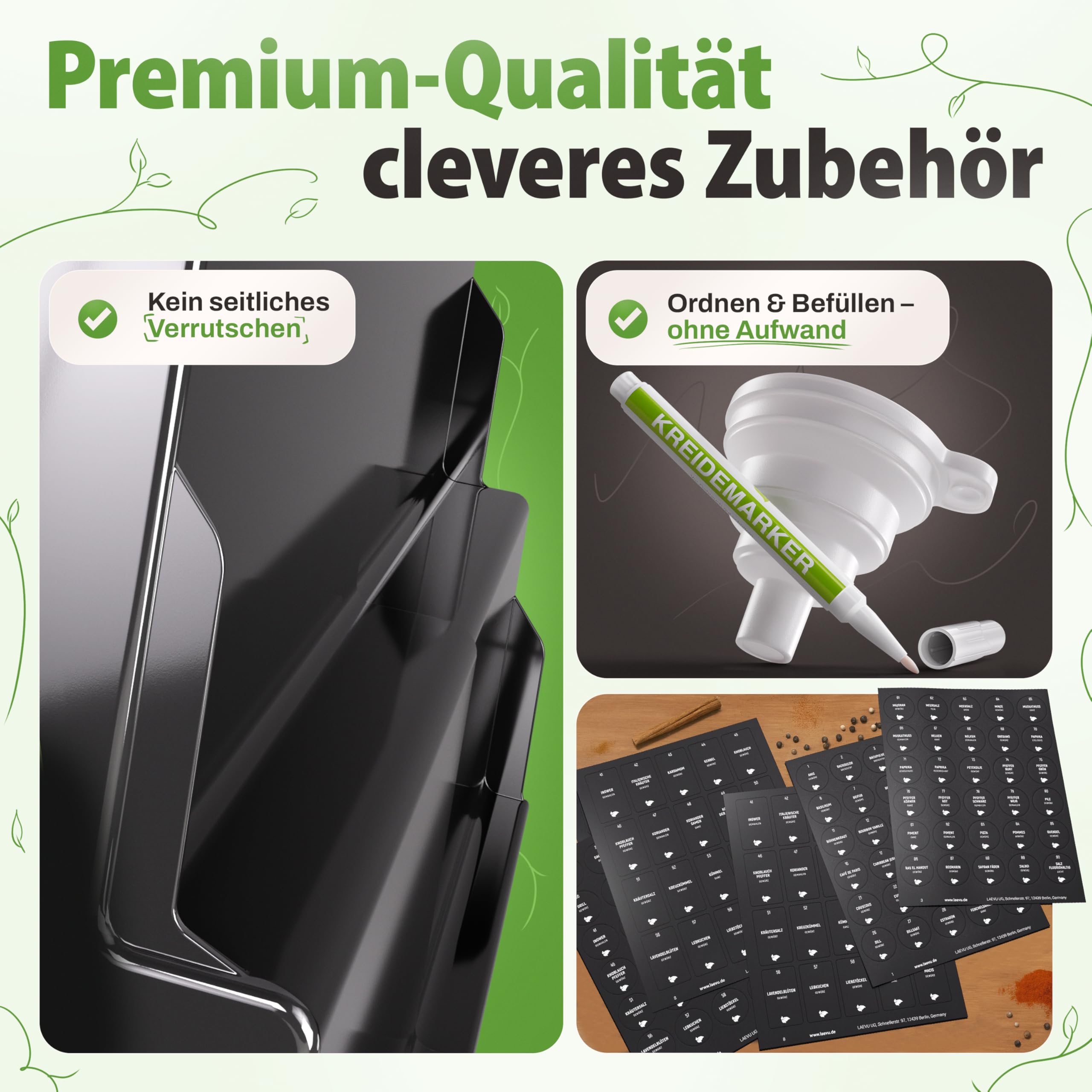 LAEVU Gewürzregal Schublade mit Gläsern | Gewürz Organizer Schublade inkl. 24 Gewürzgläsern Eckig mit schwarzem Deckel | Etiketten für Gewürze & mehr | Ausziehbarer Gewürzeinsatz für deine Schublade