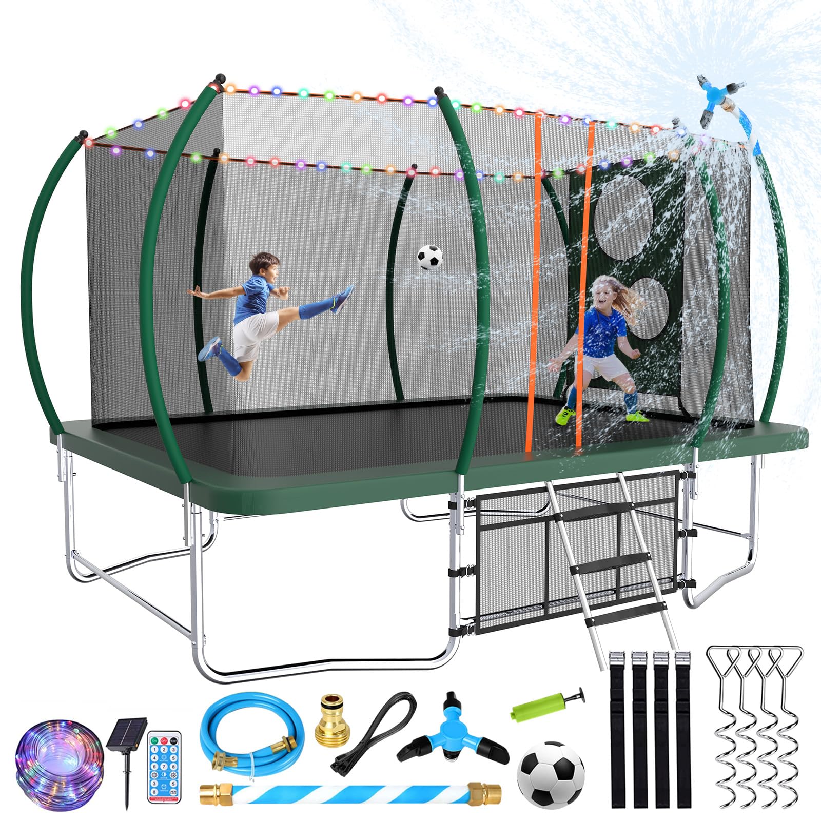 Lyromix 14FT & 16FT Outdoor Rectangle Trampoline for Kids & Adults, Curved Poles, Pumpkin Color, Light, Sprinkler, Soccer & Storage Bag