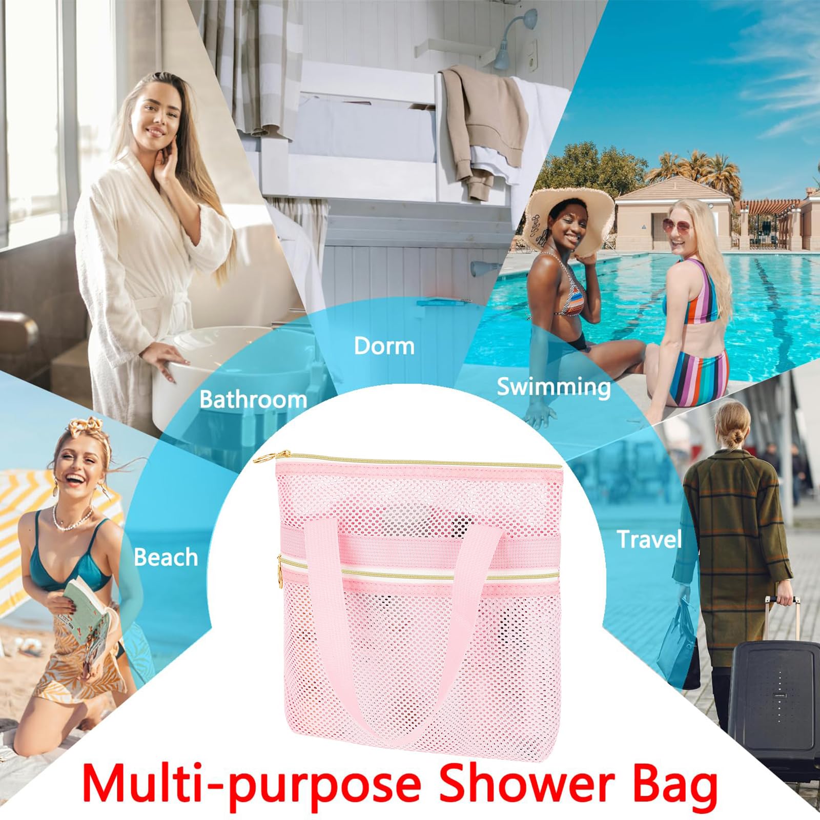 Borsa Bagno Campeggio, Borsa Doccia Portatile, Borsa Rete Rapida Asciugatura, Impermeabile, con Cerniera per Viaggio, Piscina, Spiaggia (Rosa)