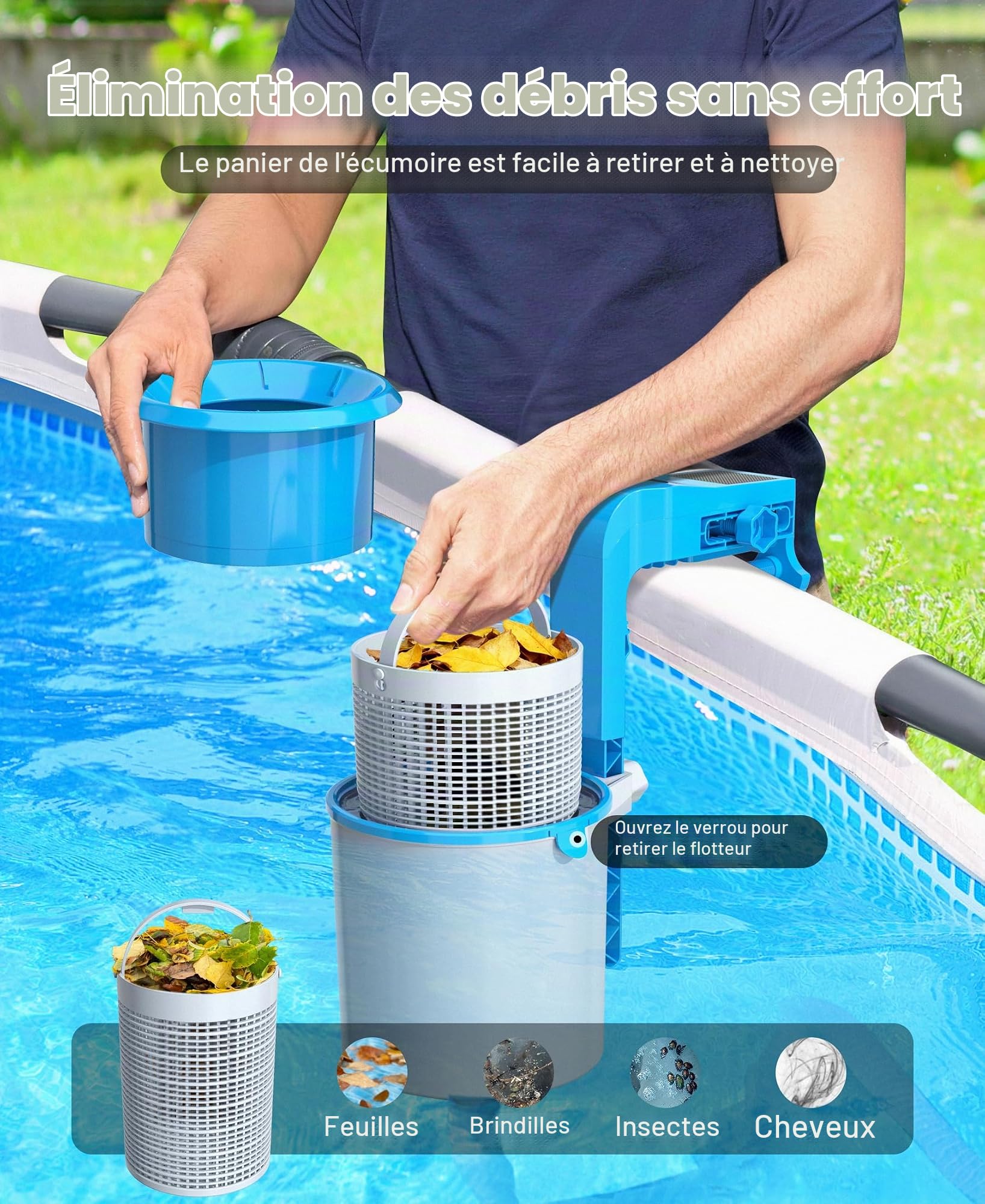 LuxBlue Skimmer Piscine Hors Sol avec Thermometre Piscine Solaire Digital, Skimmer de Surface Mural avec Support Réglable,Ecumoire Piscines Haute Résistance,Ramassage automatique de Feuilles et Débris