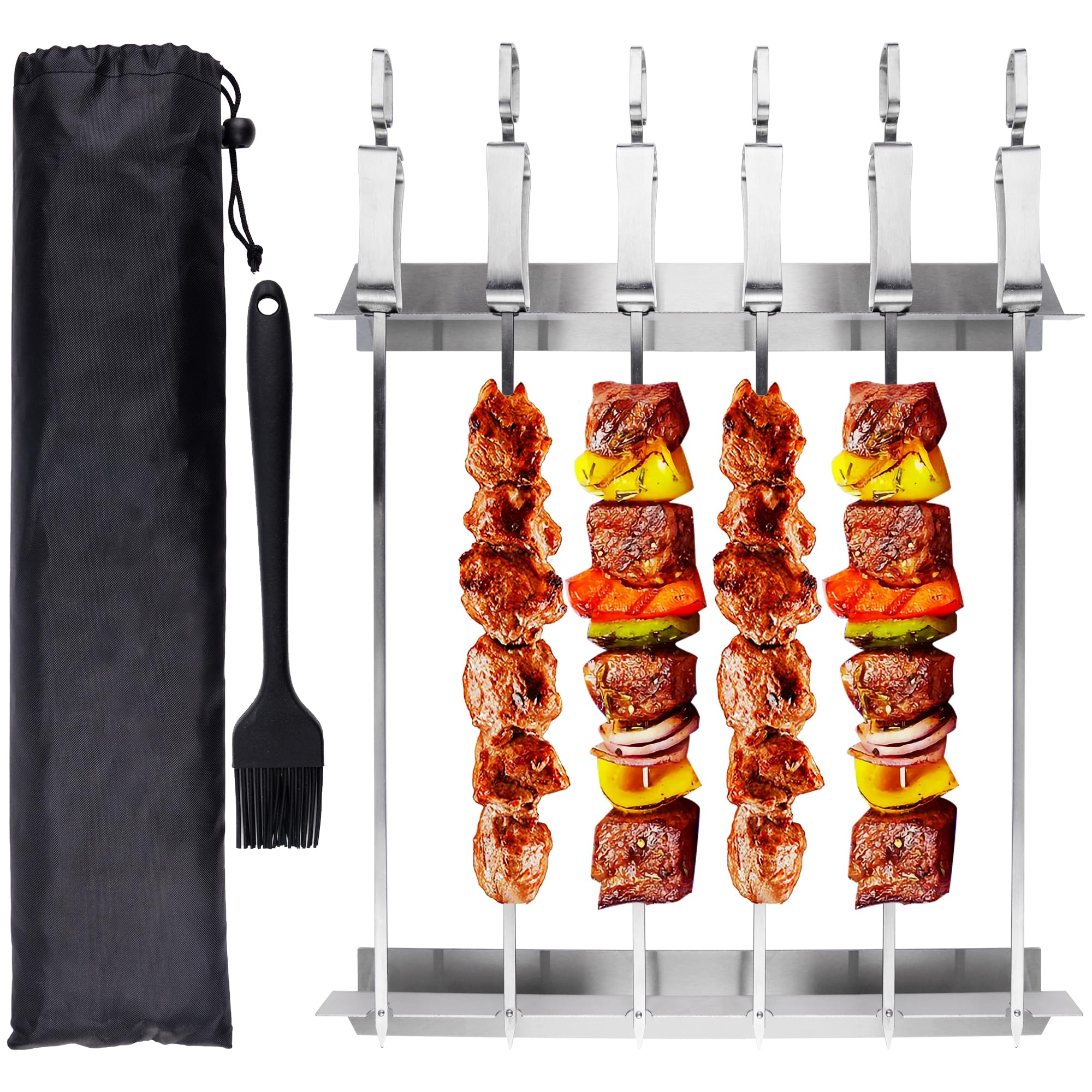 Premium BBQ Skewer & Rack Set, 16" Stainless Steel Kebab Skewers, Rack, Silicone Oil Brush, Storage Bag - Reusable Barbecue Accessories