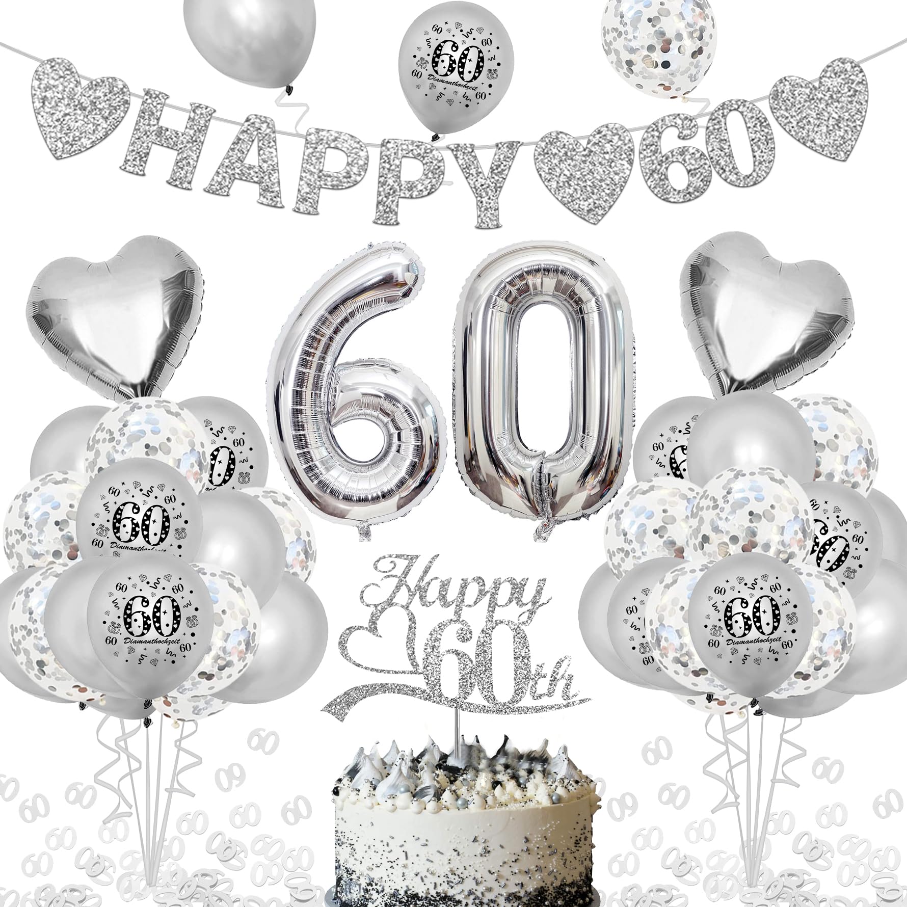 Decoración de boda de diamantes: pancarta "Happy 152.4 cm, globos de aluminio con números y globo de látex, confeti plateado del número 60, decoración de pastel para decoración de aniversario de boda,