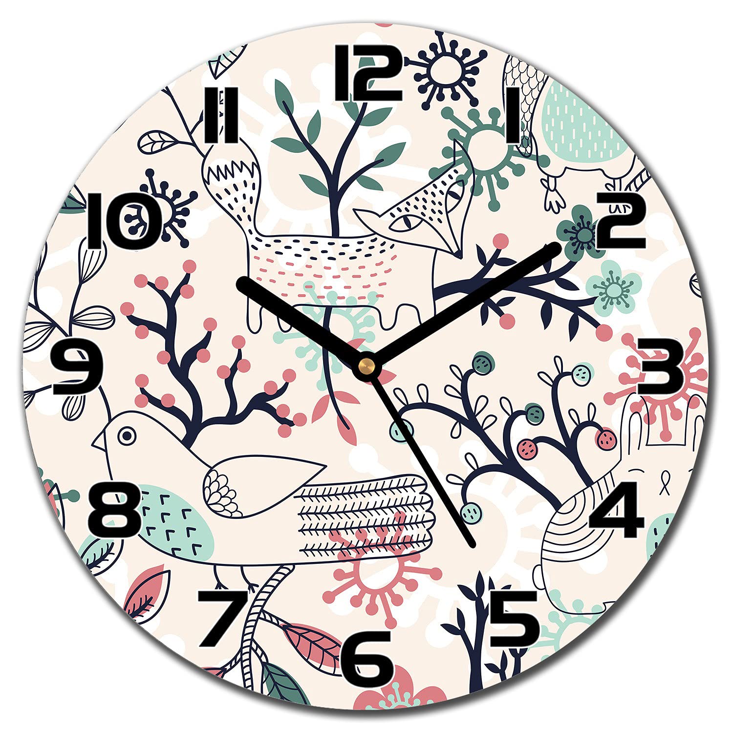 Horloge murale cuisine salon en verre 30 cm aiguilles noires motif forêt bois