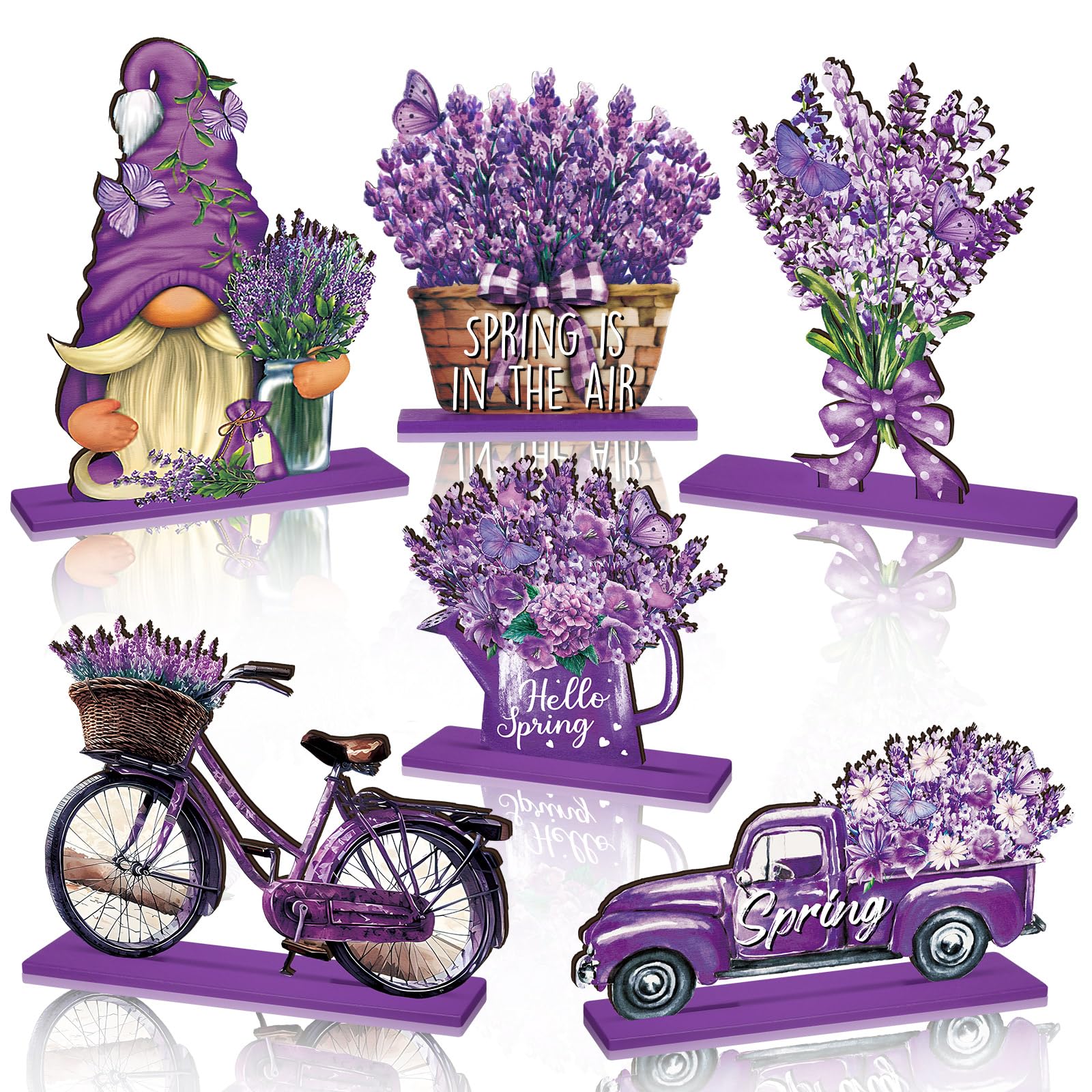 Bememo 6 Pcs Hello Spring Table Decorations Wood Tabletop Sign Spring Table Centerpieces Easter Rustic Freestanding Tabletop for Home Restaurant Farmhouse Home Kitchen Shelves Party Decor(Lavender)
