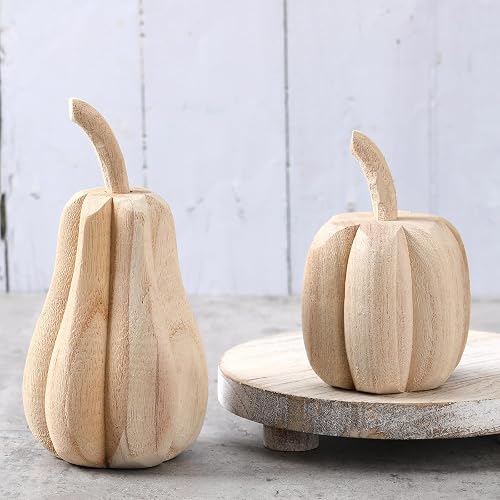 Barydat 2 Pcs Thanksgiving Paulownia Wood Carved Pumpkins 6.5 x