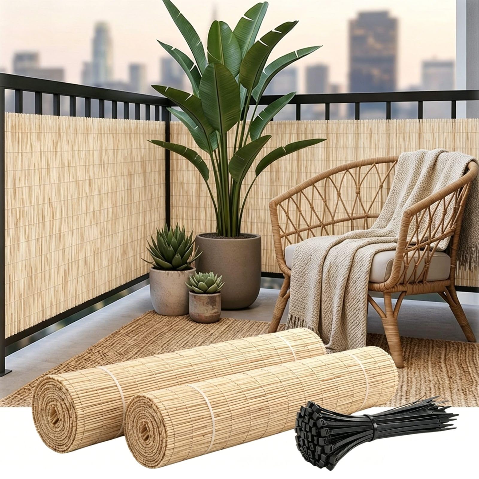 85% Shade Natural Reeds Fencing, H 61/91/122/153/183cm Reeds Screen with Cable Zip Ties Balcony Privacy Fence Bamboo Roll Decorative Fence for Outdoor Backyard Patio Pool Garden(White,H122xL1524cm)