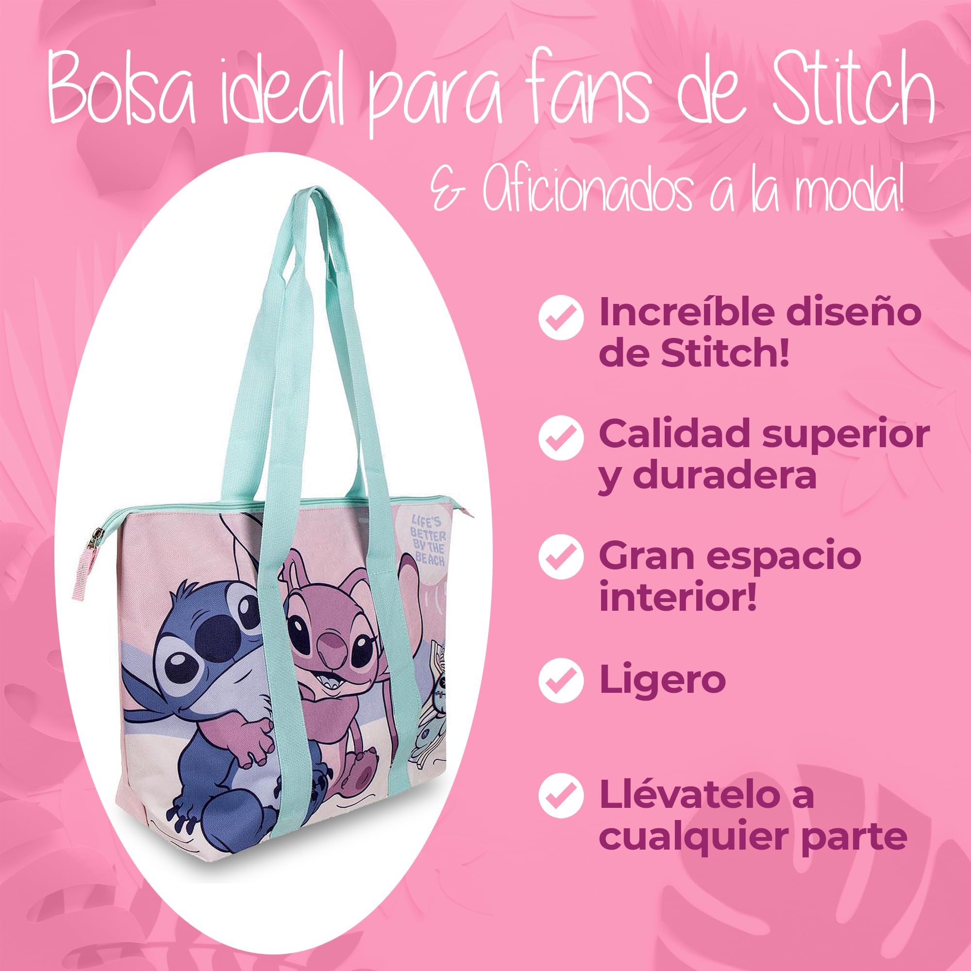 Bolso Stitch & Angel Niña – Bolsa Grande con Cremallera – Ligera y Espaciosa – Para Colegio, Piscina, Playa y Viajes
