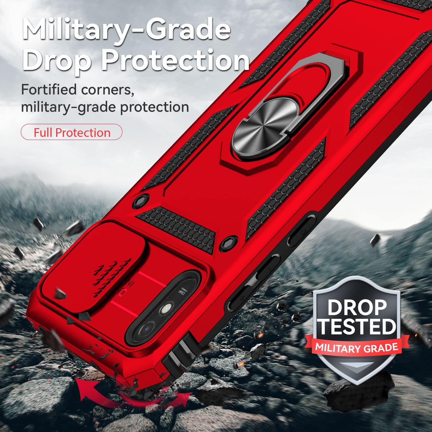 Custodia Protettiva Per Xiaomi Redmi 9AT / 9A - TPU + PC Antiurto - Anello Girevole 360° E Cover Fotocamera - Rossa