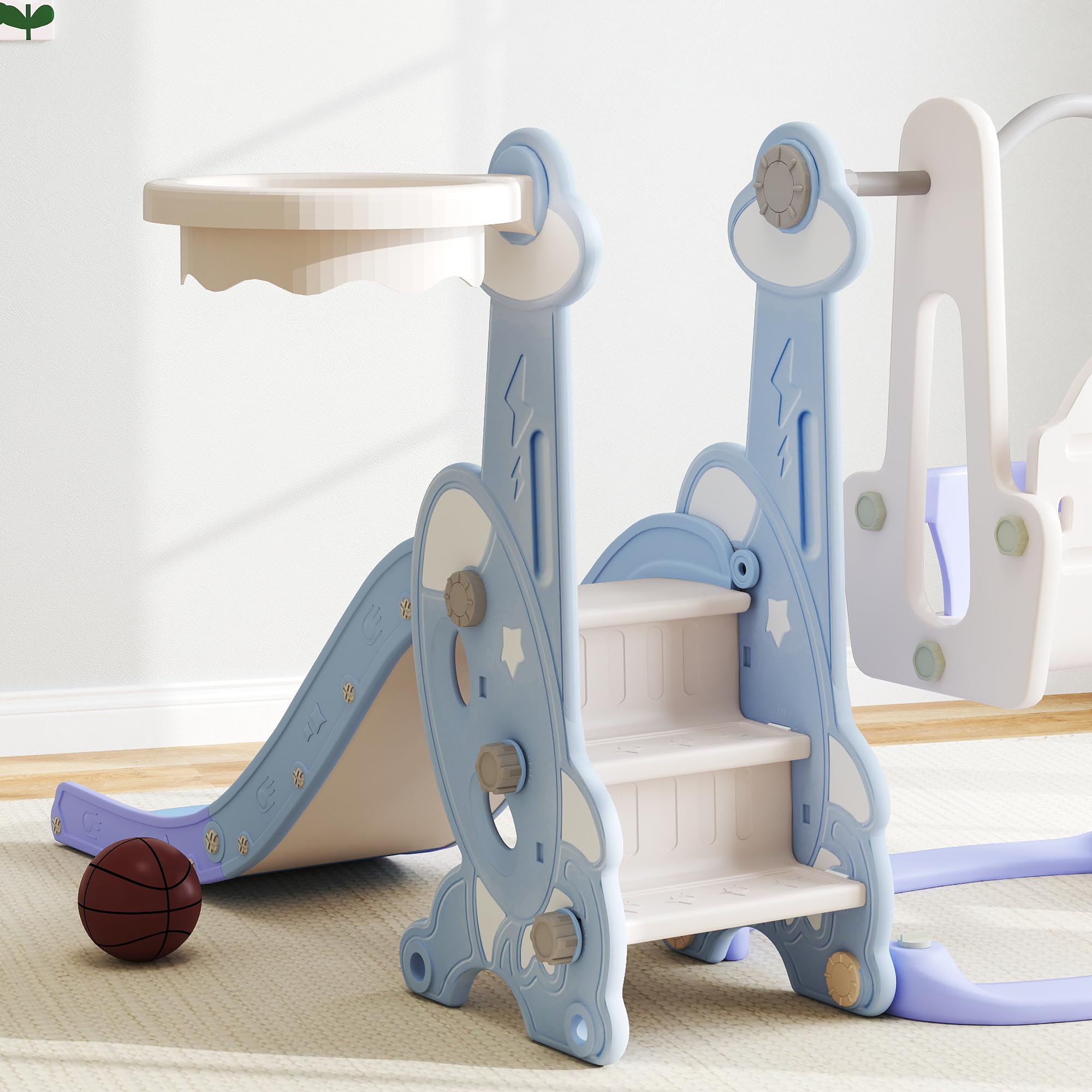 AIYAPLAY Scivolo per Bambini 4 in 1, Scivolo da Giardino Autoportante con Altalena, Scaletta da Arrampicata e Cestino da Basket, Set Parco Giochi per Interni ed Esterni, Cameretta, 18-48 Mesi, Azzurro