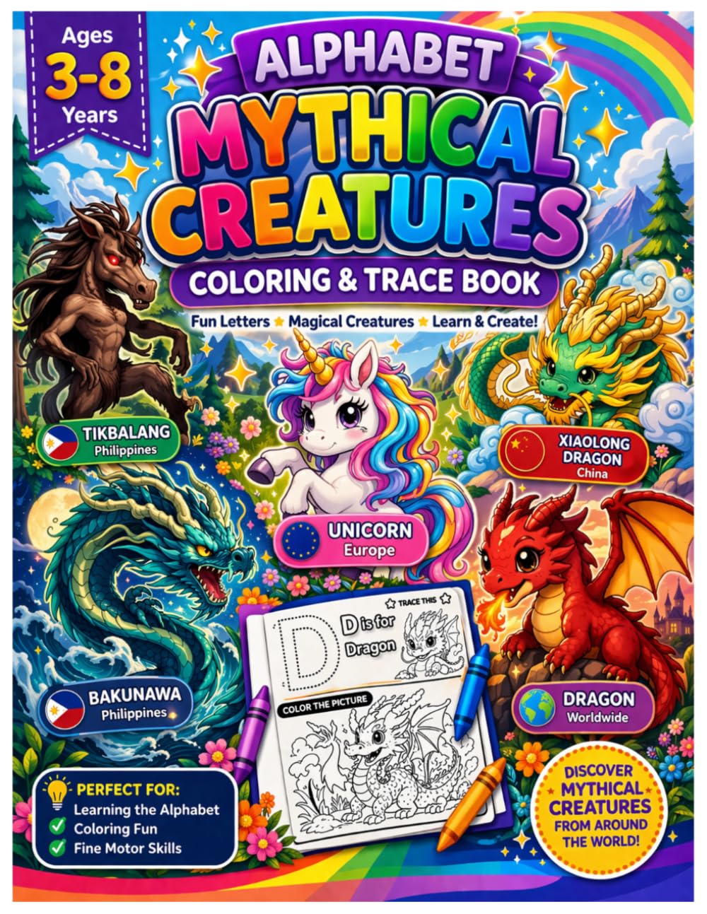 Alphabet Mythical Creatures Coloring and trace book: Fun Letters, Magical Creatures, Learn and Create