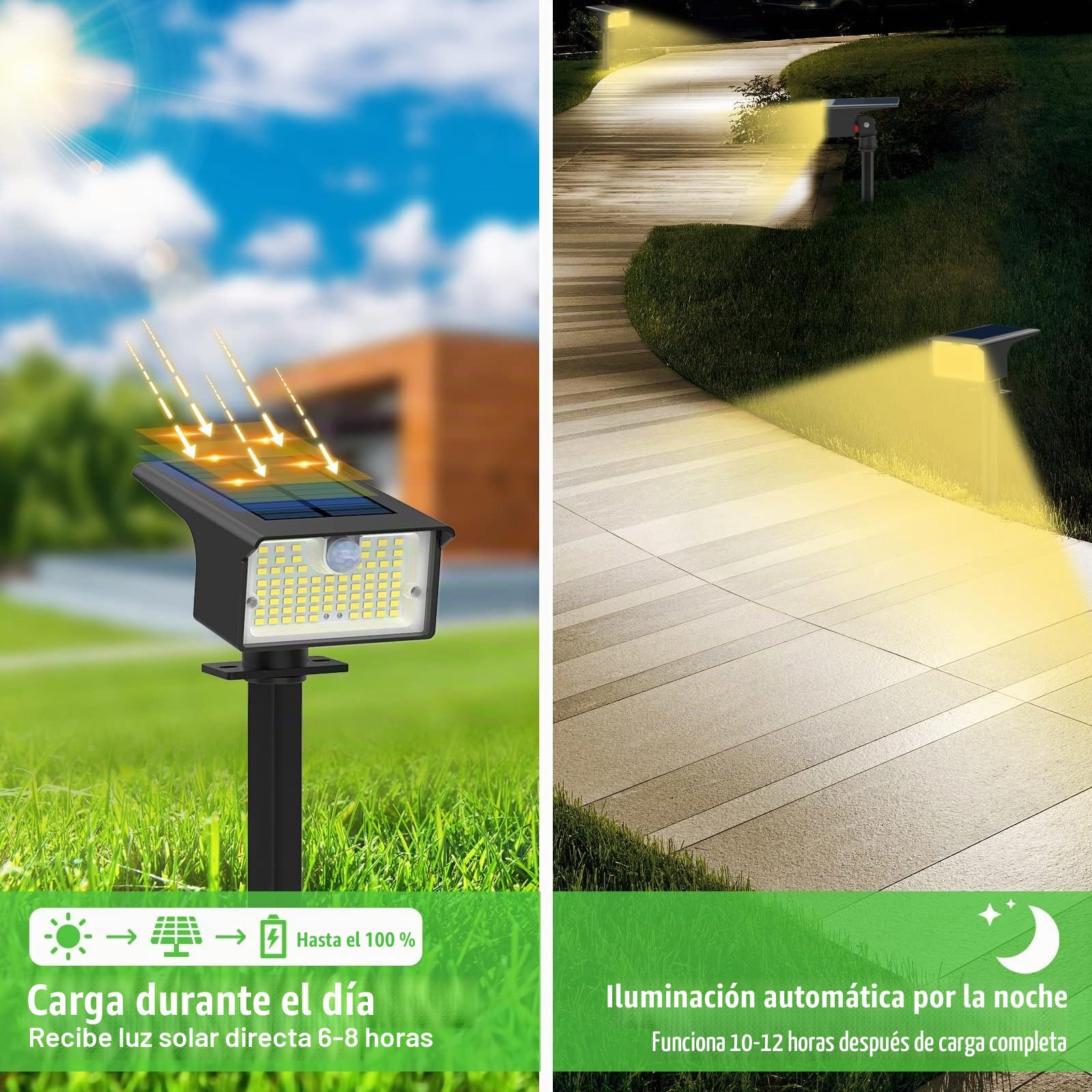 nipify Luces Solares LED Exterior Jardin con Sensor de Movimiento，[3 Paquete/62 LED/3 Modes], IP65 Focos Exterior Solares Potente Lamparas Suelo para Patio,Caminos,Terraza,Suelo,Césped, Blanco Cálido
