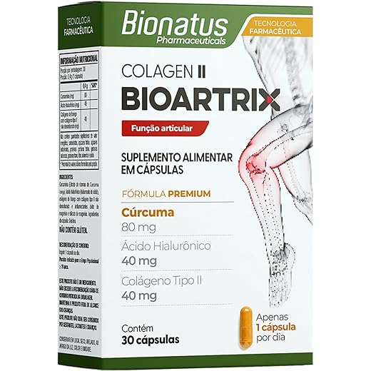 Bionatus, Colágen II, Bioartrix, Suplemento alimentar, Cúrcuma 80mg + Ácido Hialurônico 40mg + Colágeno Tipo II 40mg, 30 cápsulas • 30 doses, Branco