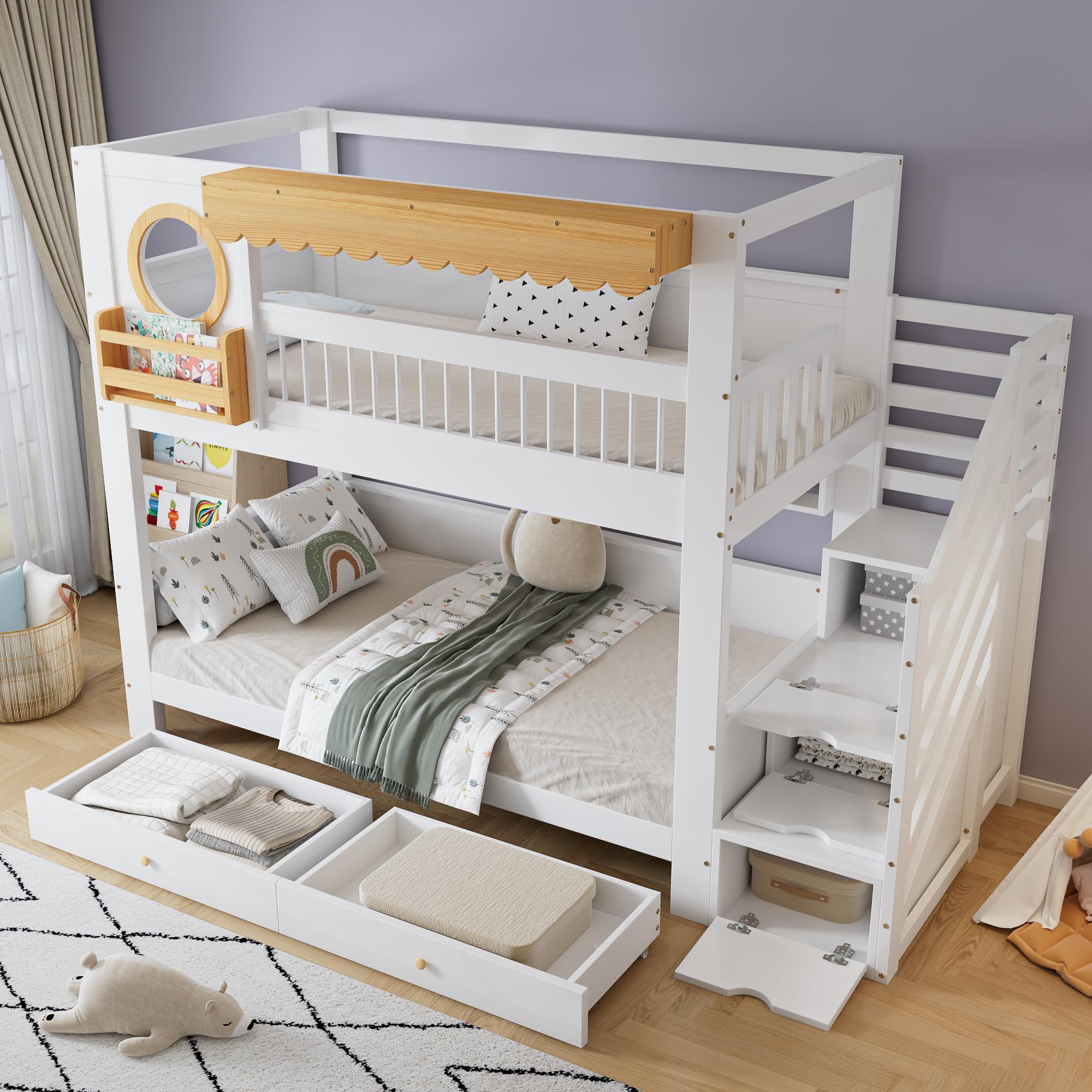 Dolamaní Cama infantil litera, 90 x 200 cm, litera para 2 niños y 2 cajones con ruedas, cama de casa con espacio de almacenamiento, escalera de madera de pino MDF, cama para niñas (sin colchón