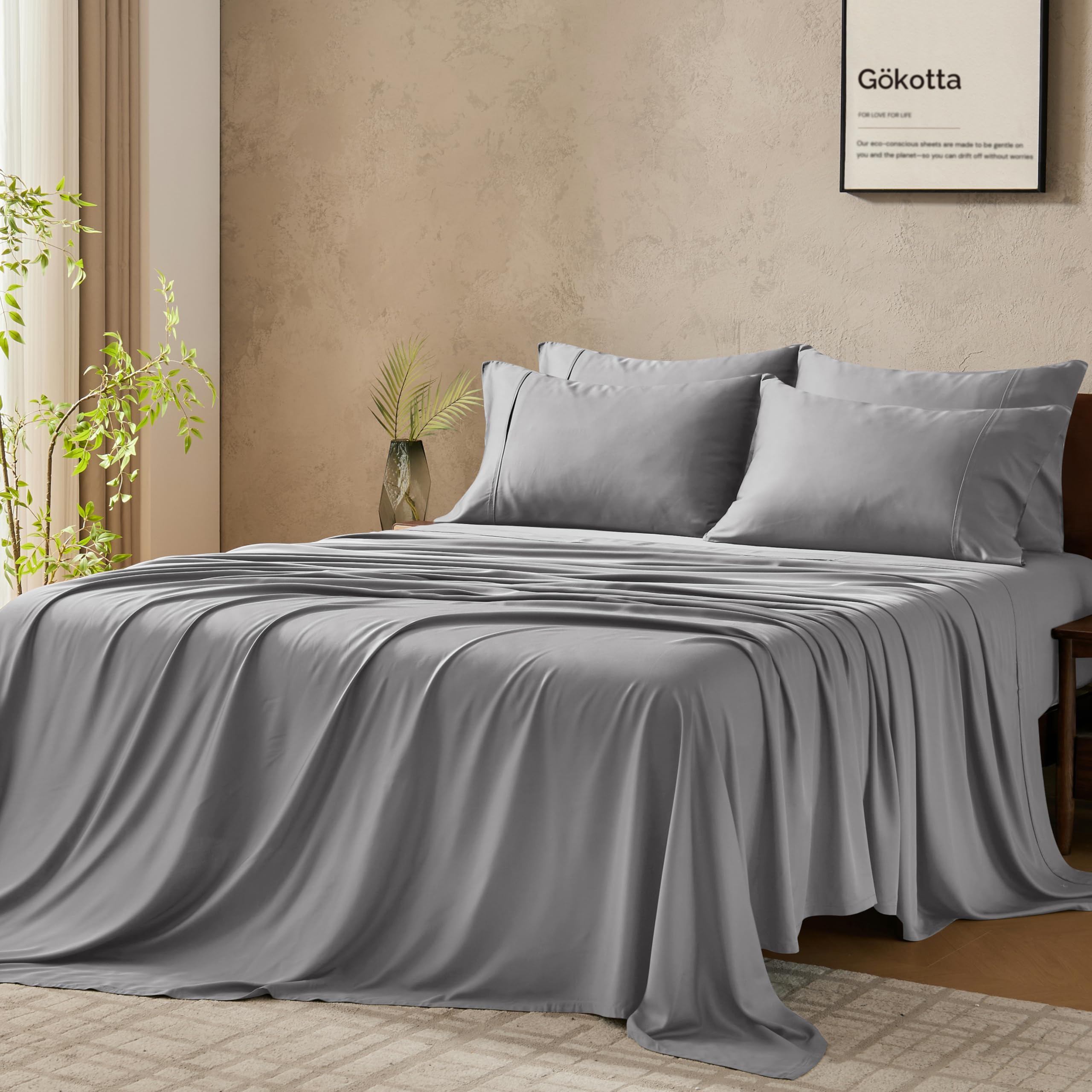 GOKOTTA Queen Sheet Set, 100% Tanboocel® Rayon Derived from Bamboo Sheets Queen Size 6 Pieces Set, Soft & Silky Breathable Sheets,16" Pocket Queen