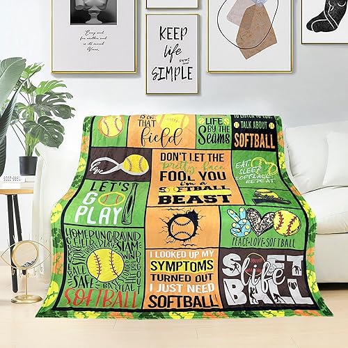 Miniatura 4 de Manta de sóftbol de 60 x 80 pulgadas, manta de regalo de softbol, bonita, suave, acogedora, cálida manta de franela para cama, sofá, cordones de