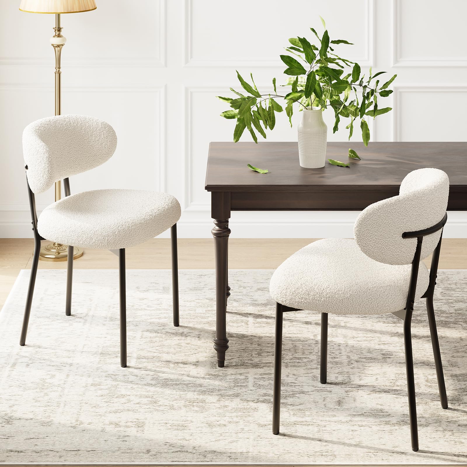 MALOL Dining Chairs Set of 2, Boucle Chairs for Dining Room with Metal Legs & Curved Backrest & Thick Cushion, Upholstered Teddy Fabric Sherpa Kitchen Chair with Anti-Slip Pads, Beige