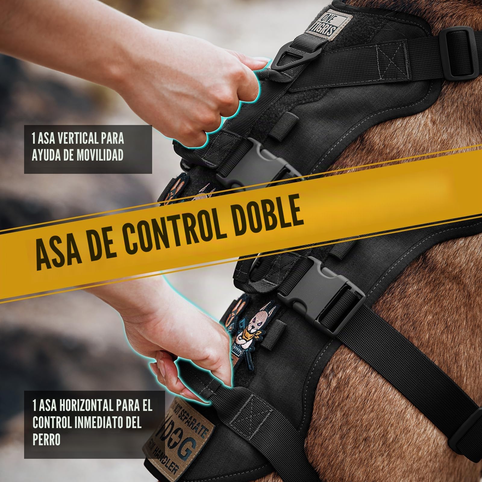 OneTigris Arnés para perros, T-Bone táctico con 2 asas, a prueba de fugas, arnés ajustable para perros, caza, senderismo, entrenamiento, paseo, actividades al aire libre (negro, XL)