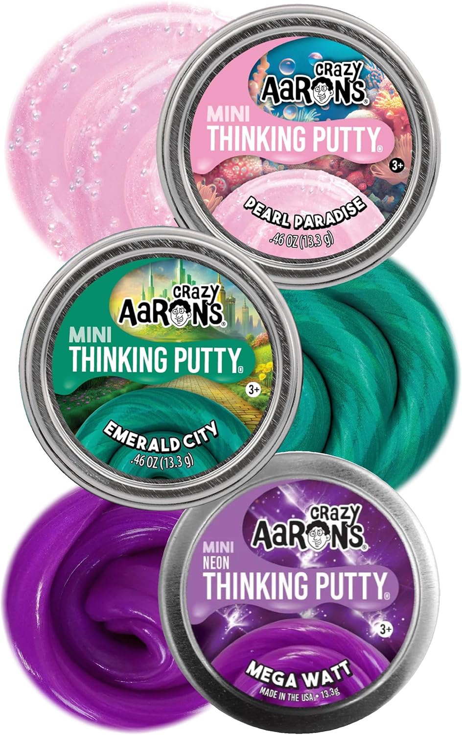 Crazy Aaron's Putty Mini Tins – Pearl Paradise, Emerald City & Mega Watt – Gift Set 3 Pack (.47 oz Each) – Stretch, Sculpt & Squish Sensory Toy – Non-Toxic – Ages 3+ – Made in USA